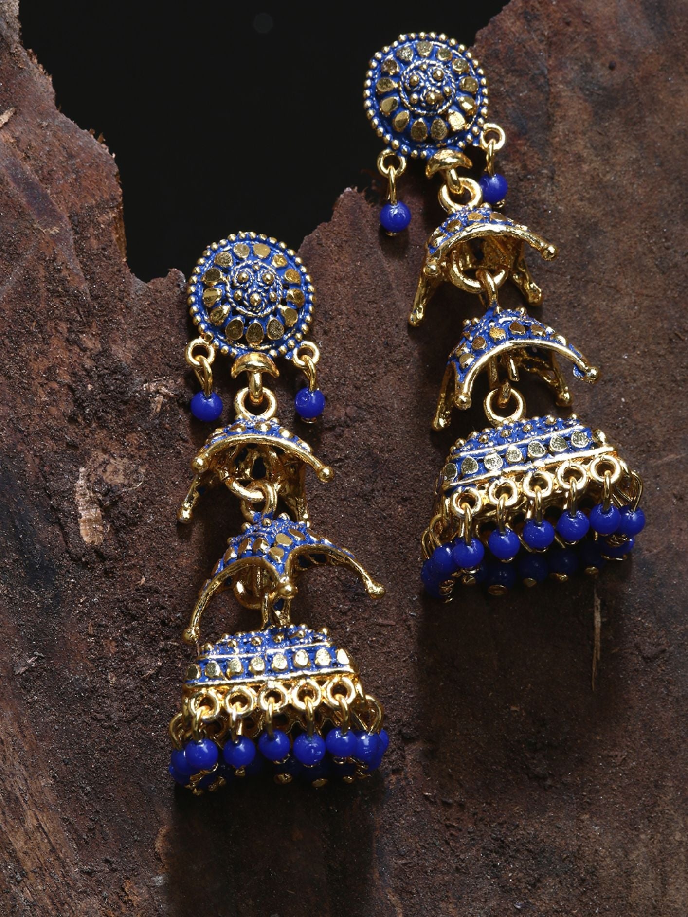Women's Blue & Gold-Toned Dome Shaped Jhumkas