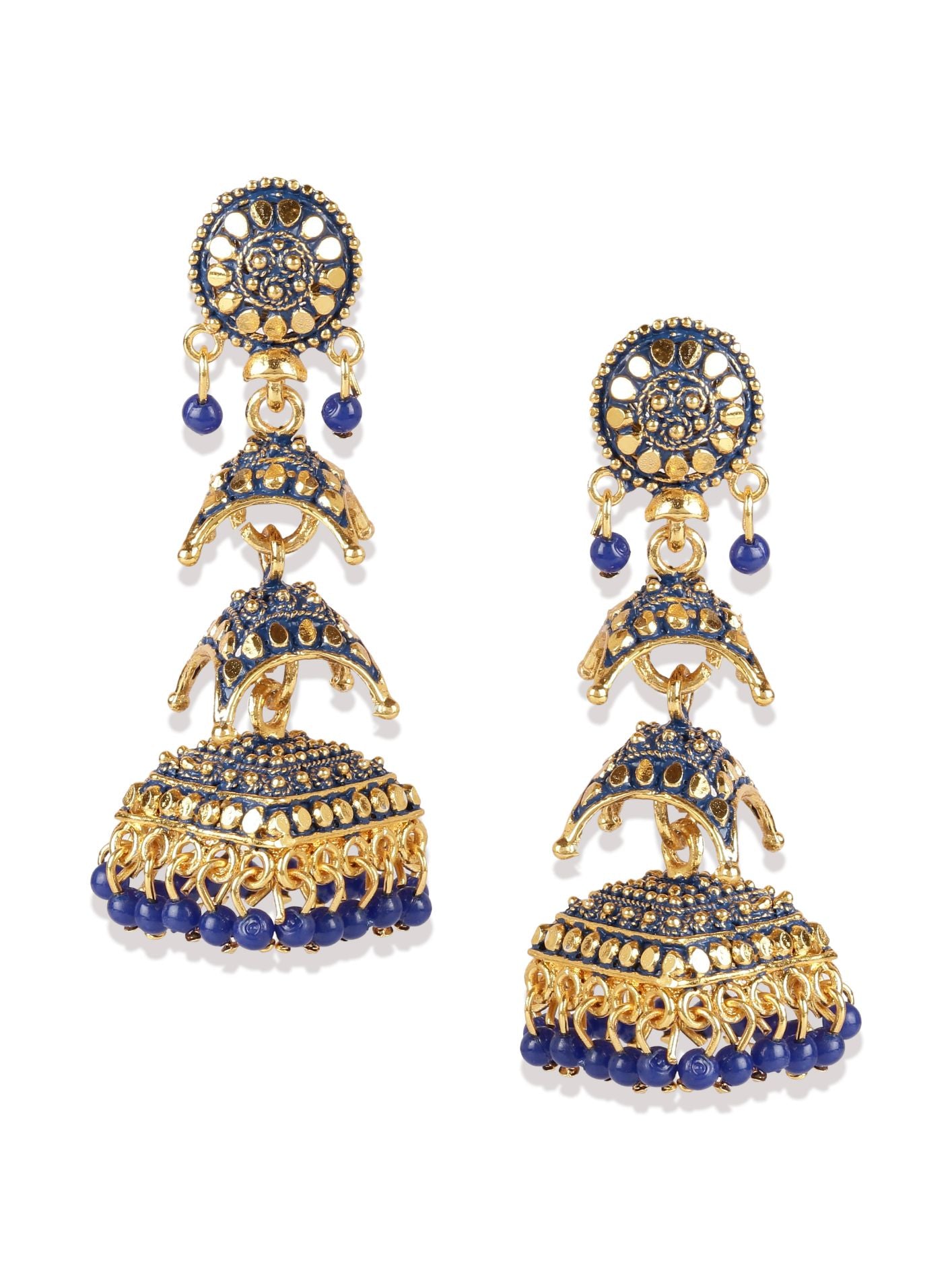 Women's Blue & Gold-Toned Dome Shaped Jhumkas - Anikas Creation