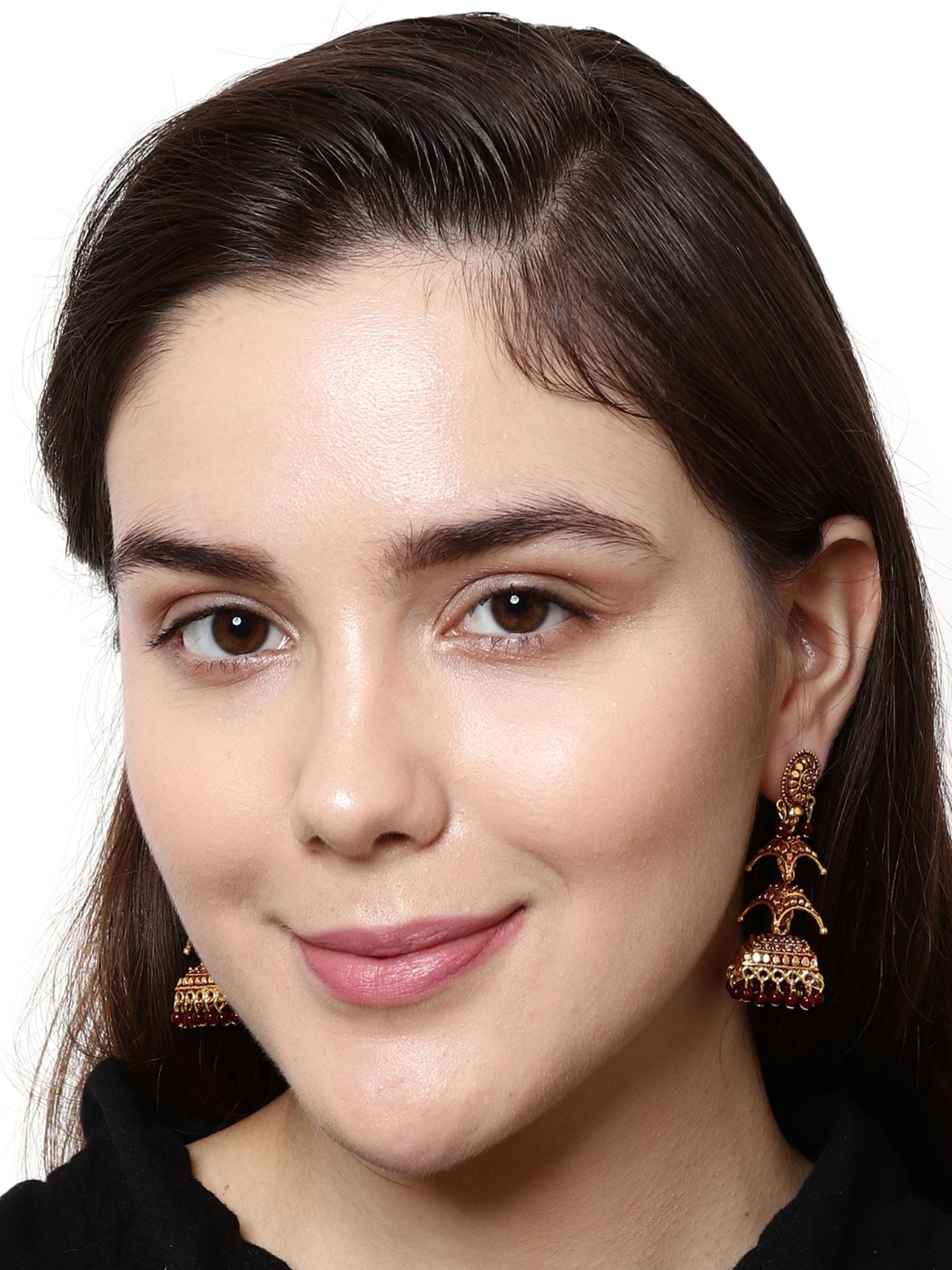 Women's Gold Plated & Maroon Enamelled Circular Shaped Jhumkas