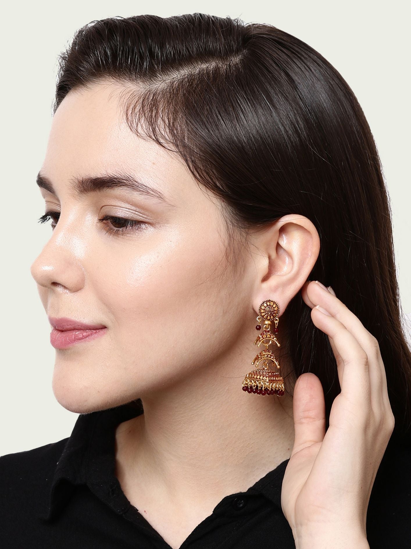 Women's Gold Plated & Maroon Enamelled Circular Shaped Jhumkas