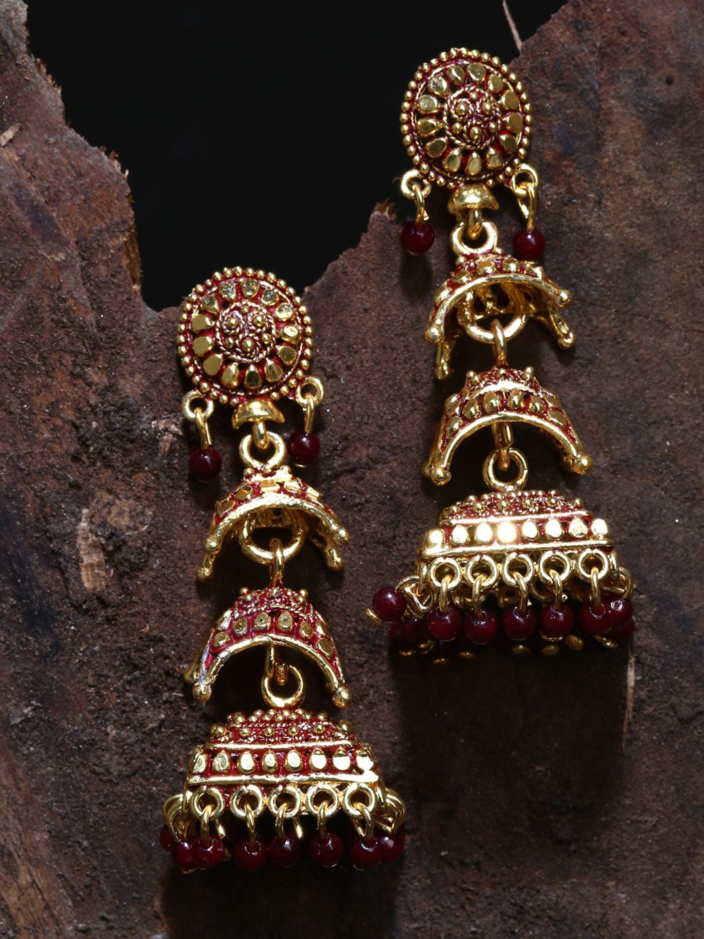 Women's Gold Plated & Maroon Enamelled Circular Shaped Jhumkas - Anikas Creation