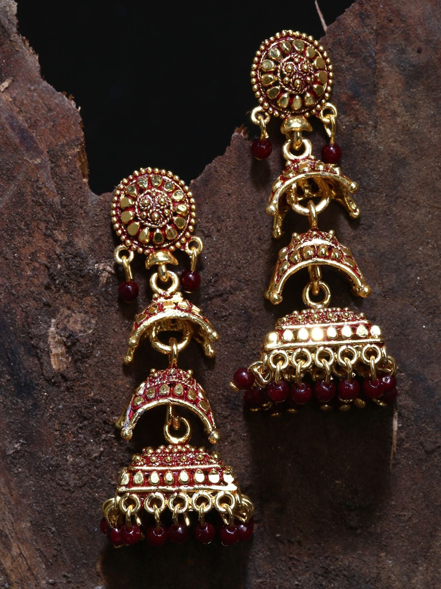 Women's Gold Plated & Maroon Enamelled Circular Shaped Jhumkas