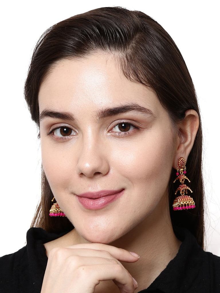 Women's Gold Plated & Pink Enamelled Dome Shaped Jhumkas