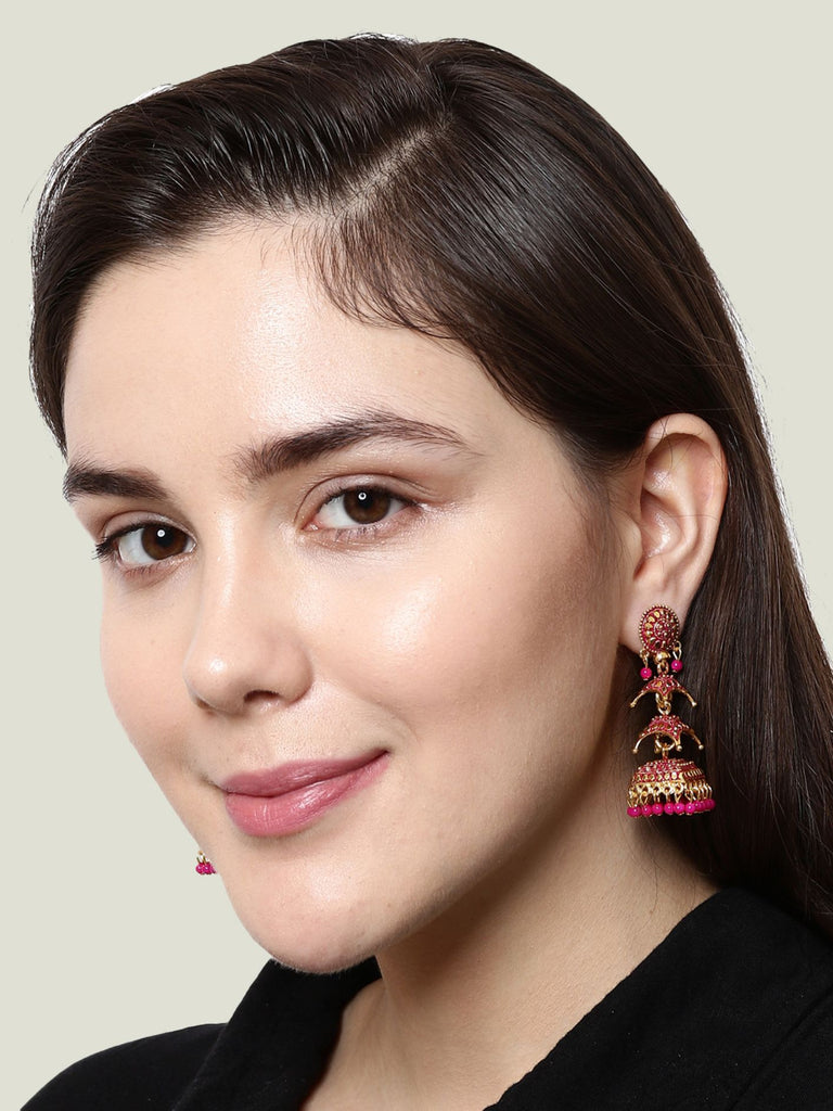 Women's Gold Plated & Pink Enamelled Dome Shaped Jhumkas