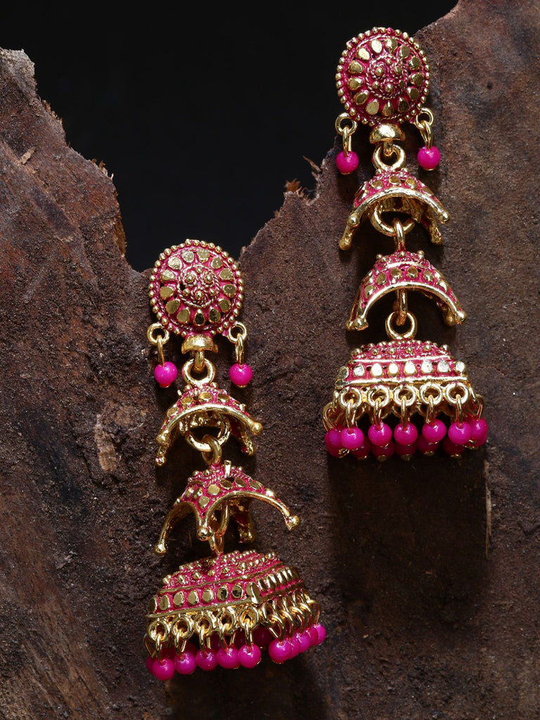 Women's Gold Plated & Pink Enamelled Dome Shaped Jhumkas