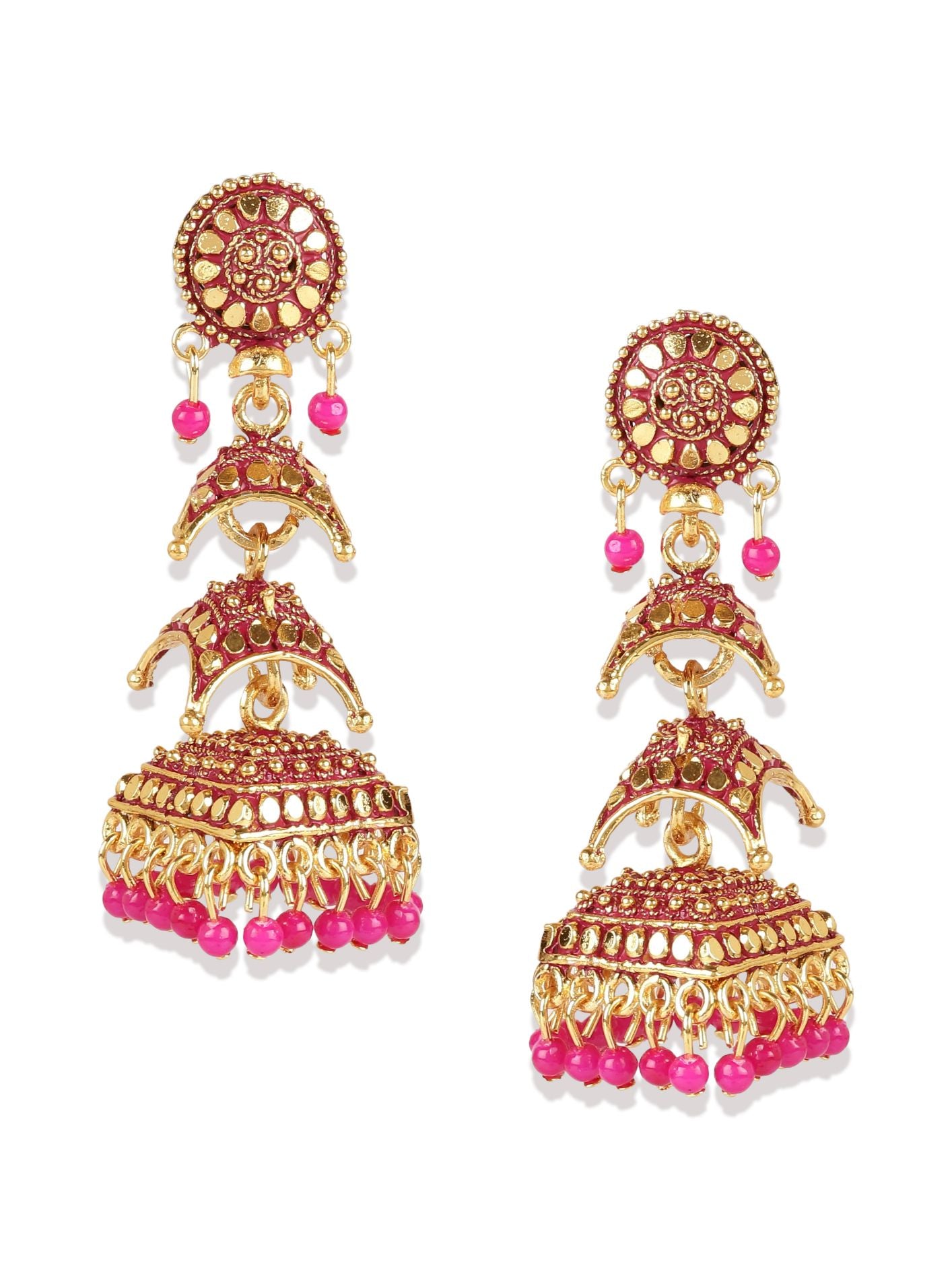 Women's Gold Plated & Pink Enamelled Dome Shaped Jhumkas - Anikas Creation