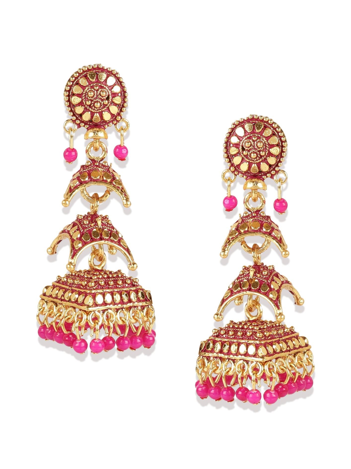 Women's Gold Plated & Pink Enamelled Dome Shaped Jhumkas