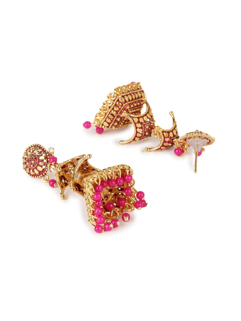 Women's Gold Plated & Pink Enamelled Dome Shaped Jhumkas
