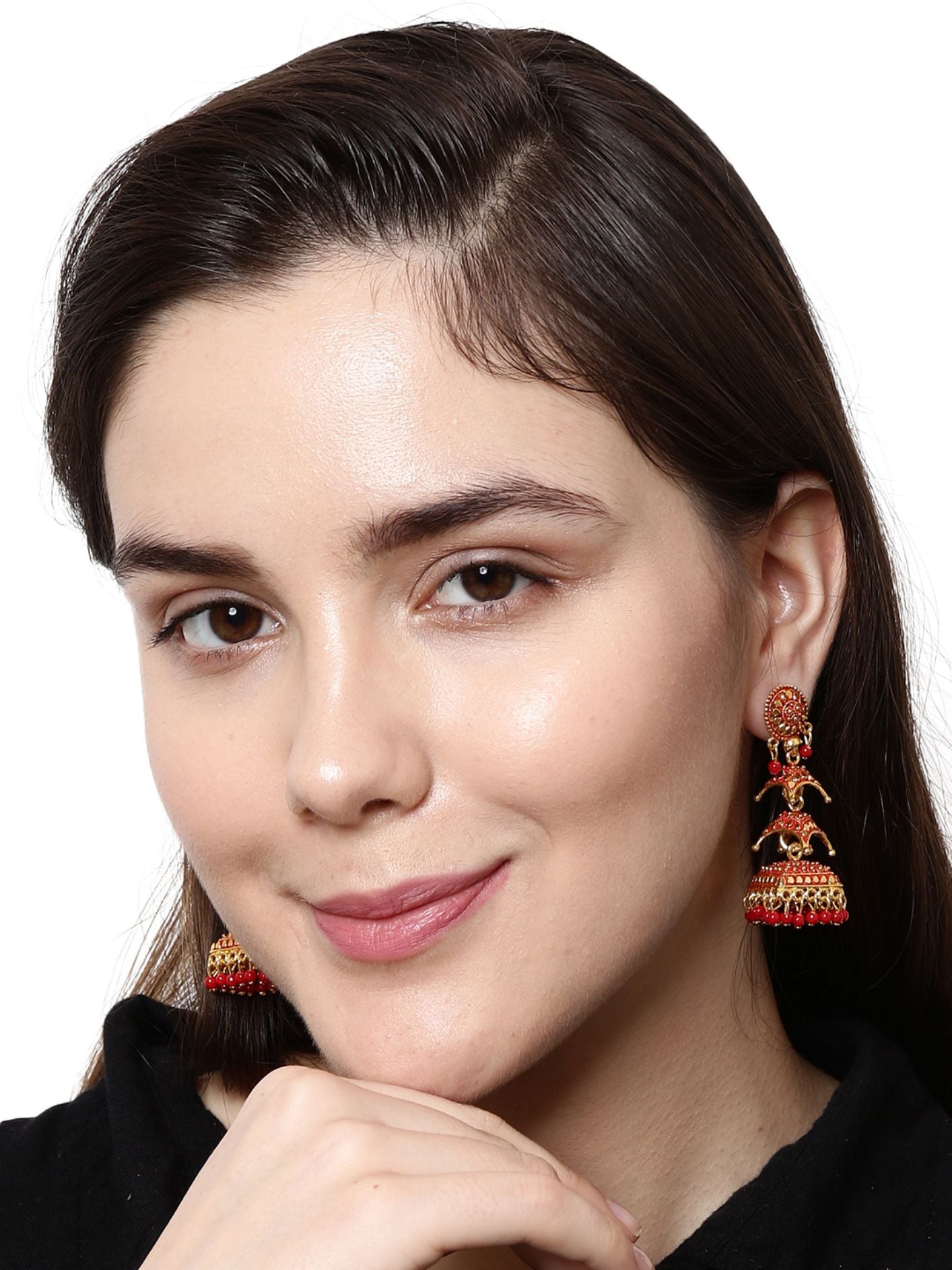 Women's Gold Plated Red Dome Shaped Enamelled Jhumkas