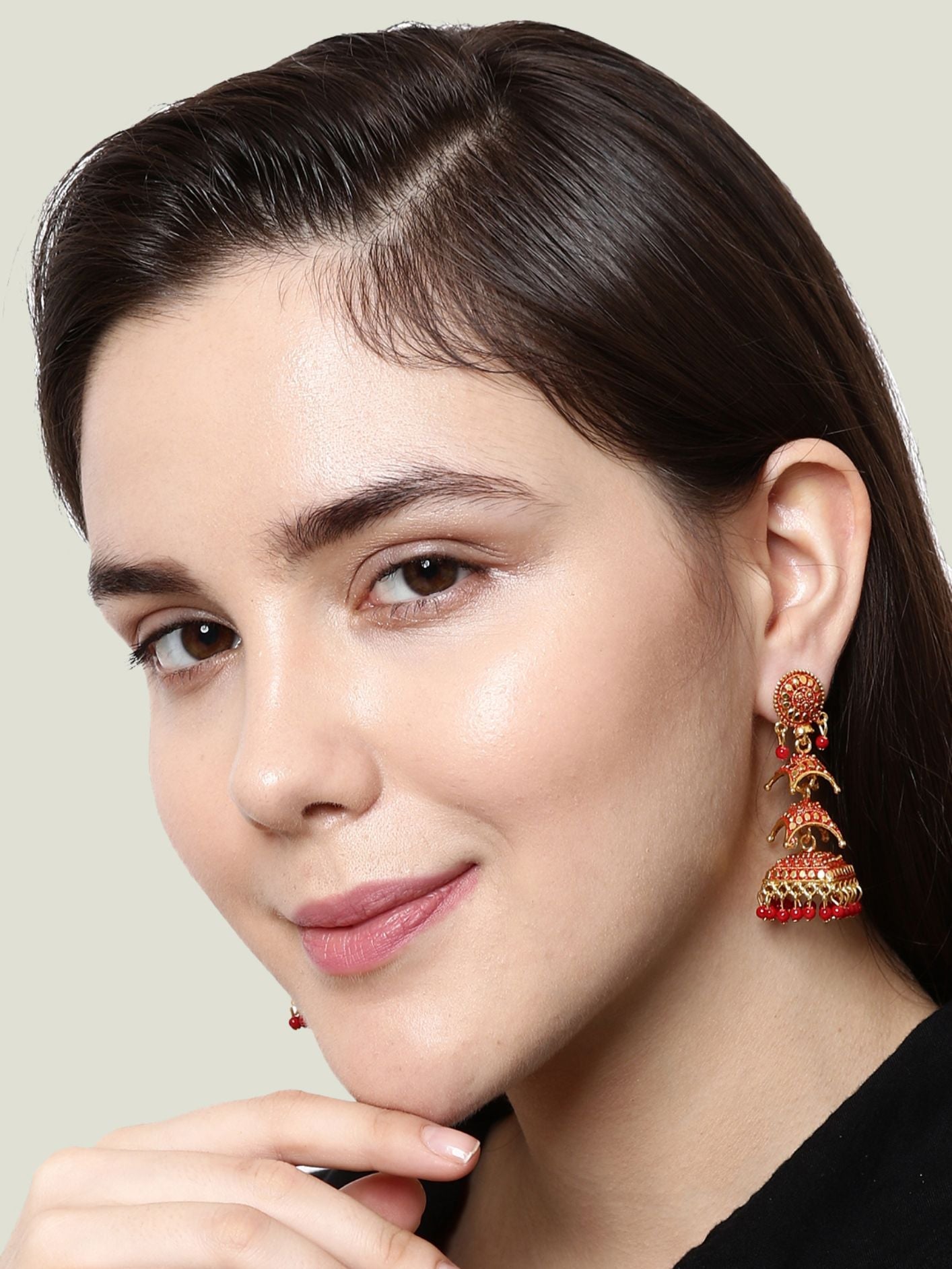 Women's Gold Plated Red Dome Shaped Enamelled Jhumkas