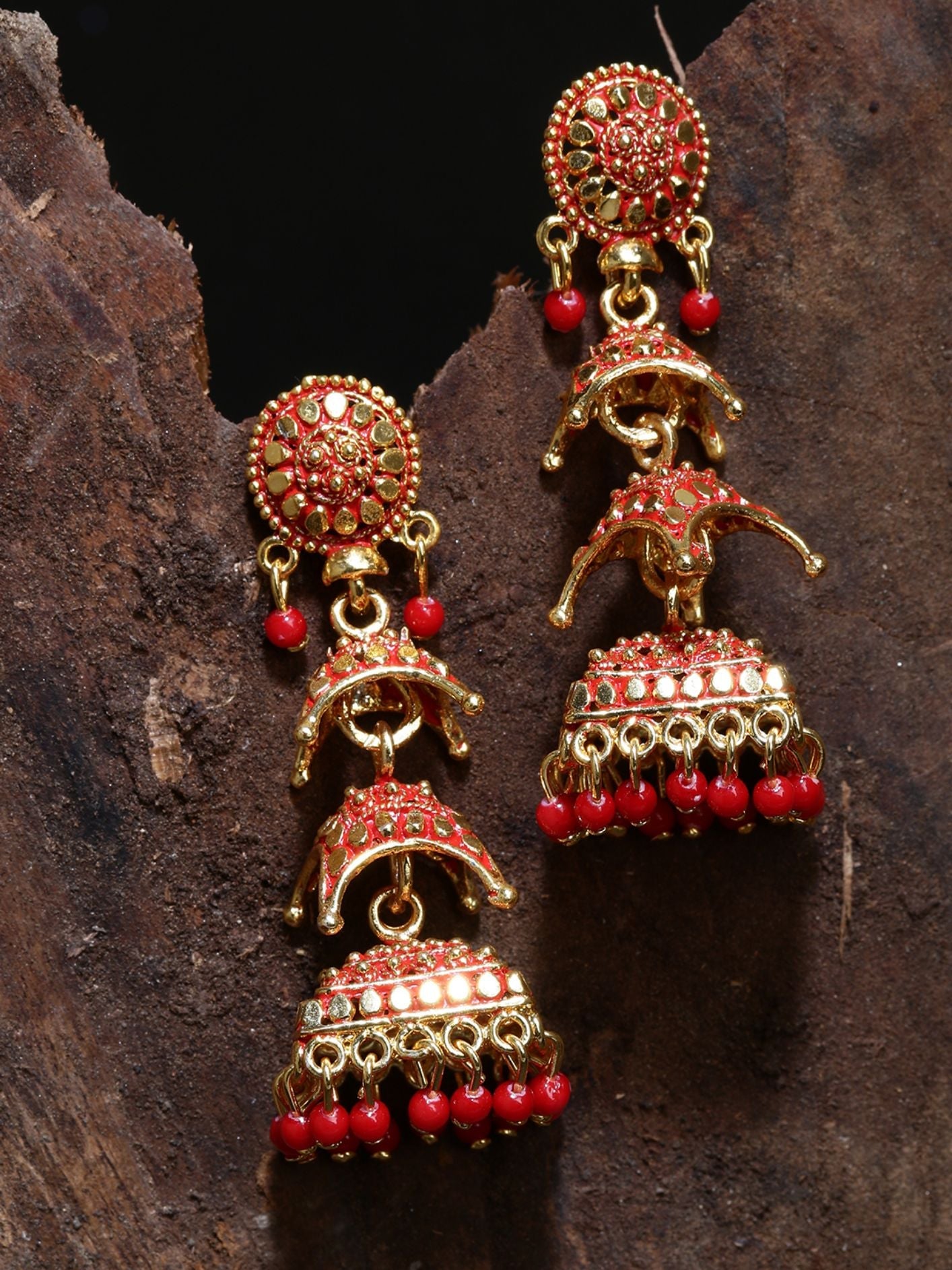 Women's Gold Plated Red Dome Shaped Enamelled Jhumkas