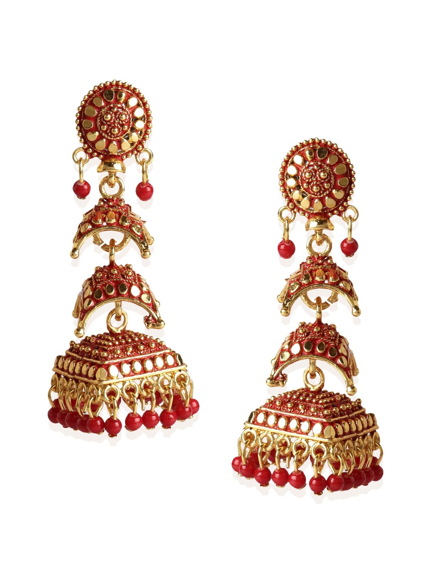 Women's Gold Plated Red Dome Shaped Enamelled Jhumkas