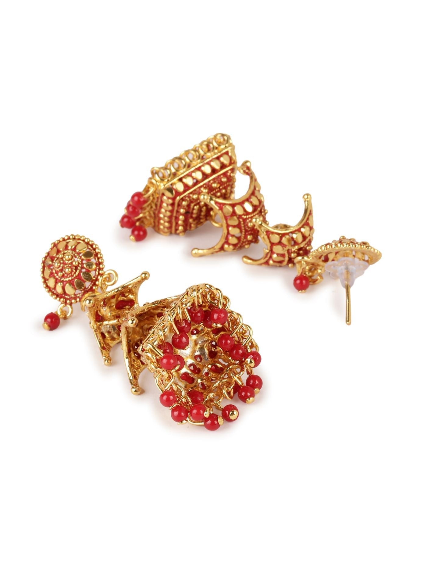 Women's Gold Plated Red Dome Shaped Enamelled Jhumkas