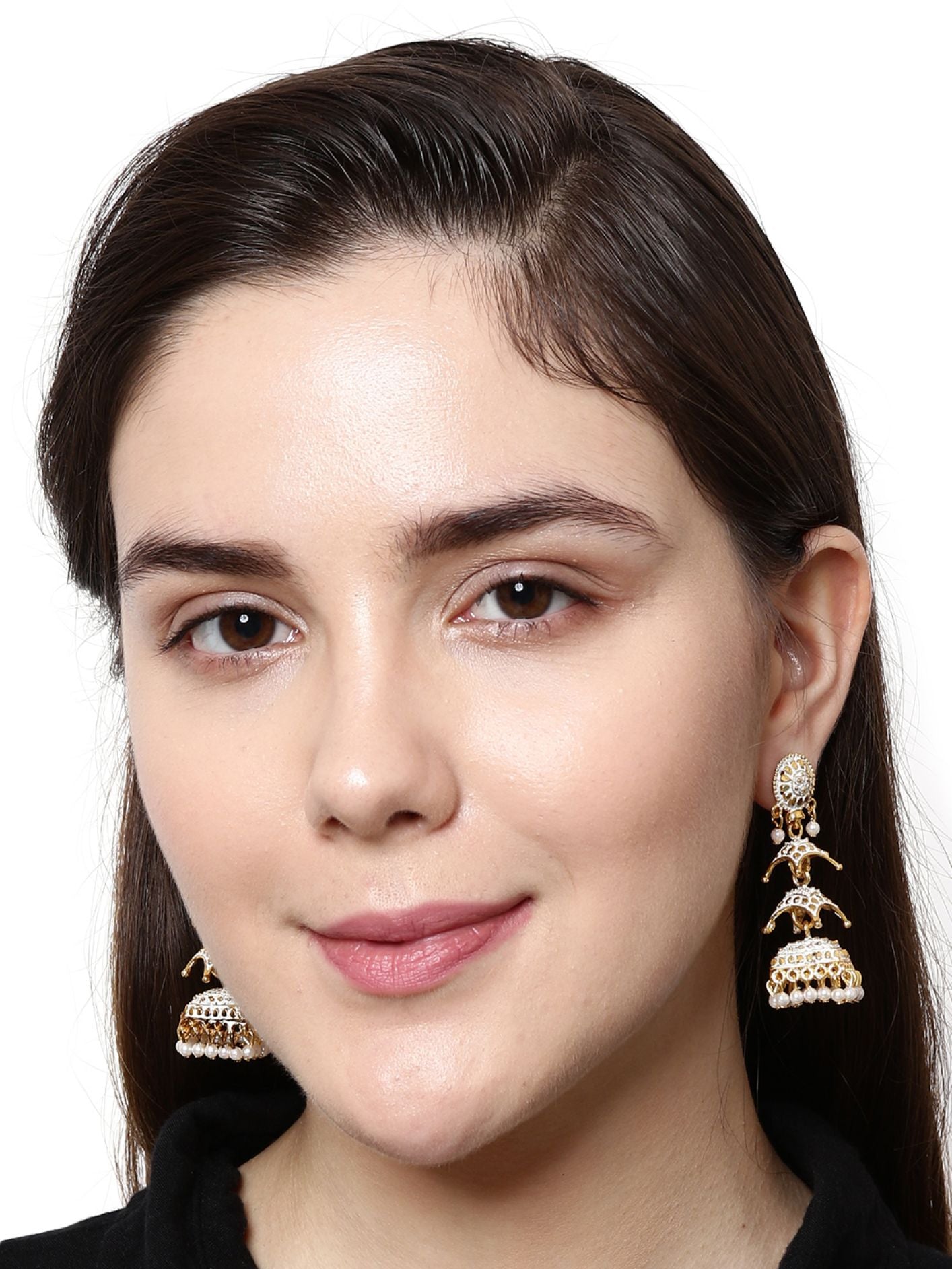 Women's Gold Plated & White Dome Shaped Enamelled Jhumkas