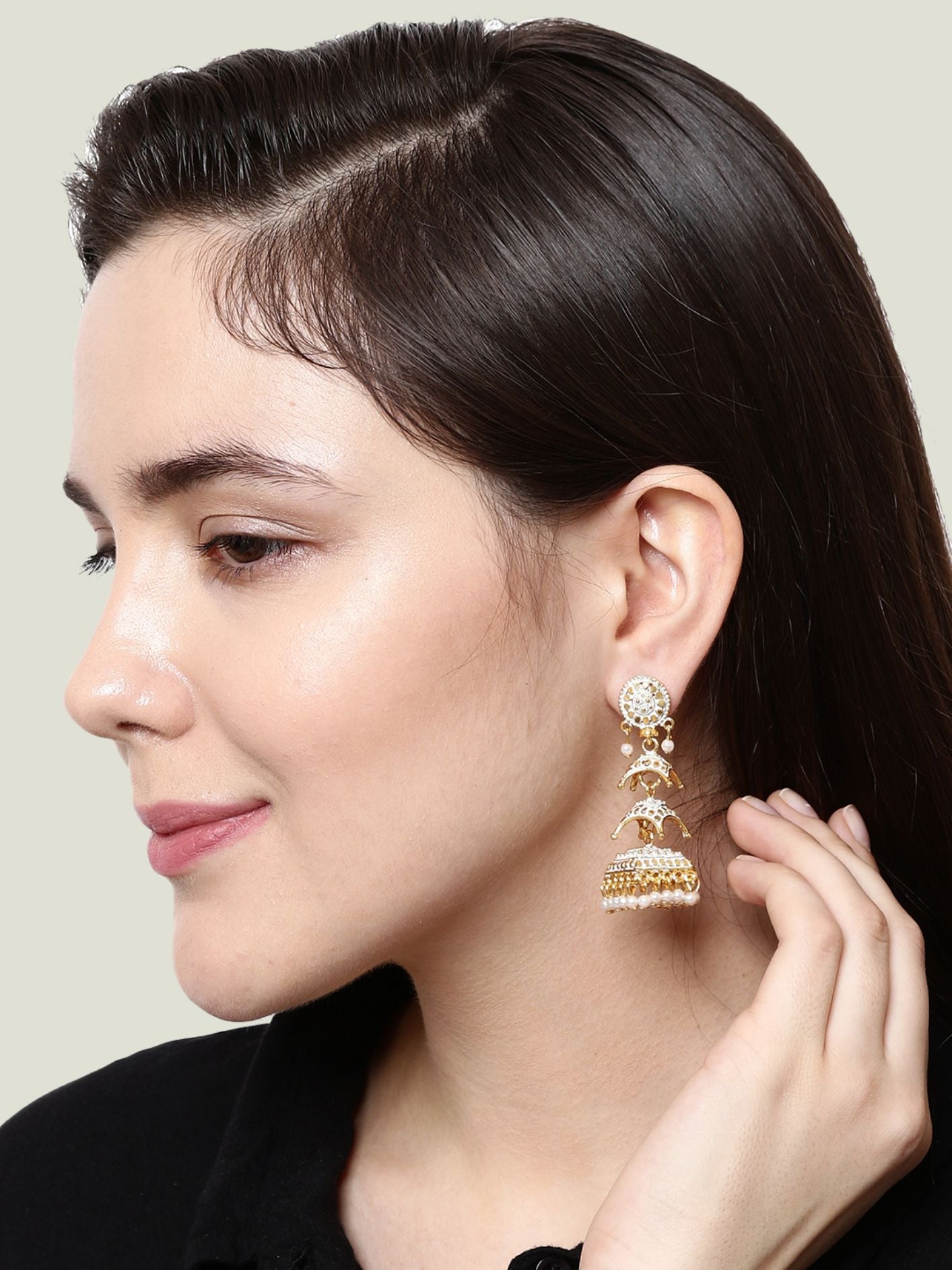 Women's Gold Plated & White Dome Shaped Enamelled Jhumkas