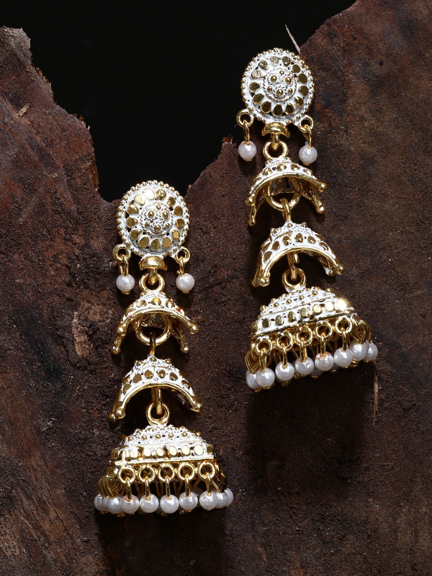 Women's Gold Plated & White Dome Shaped Enamelled Jhumkas