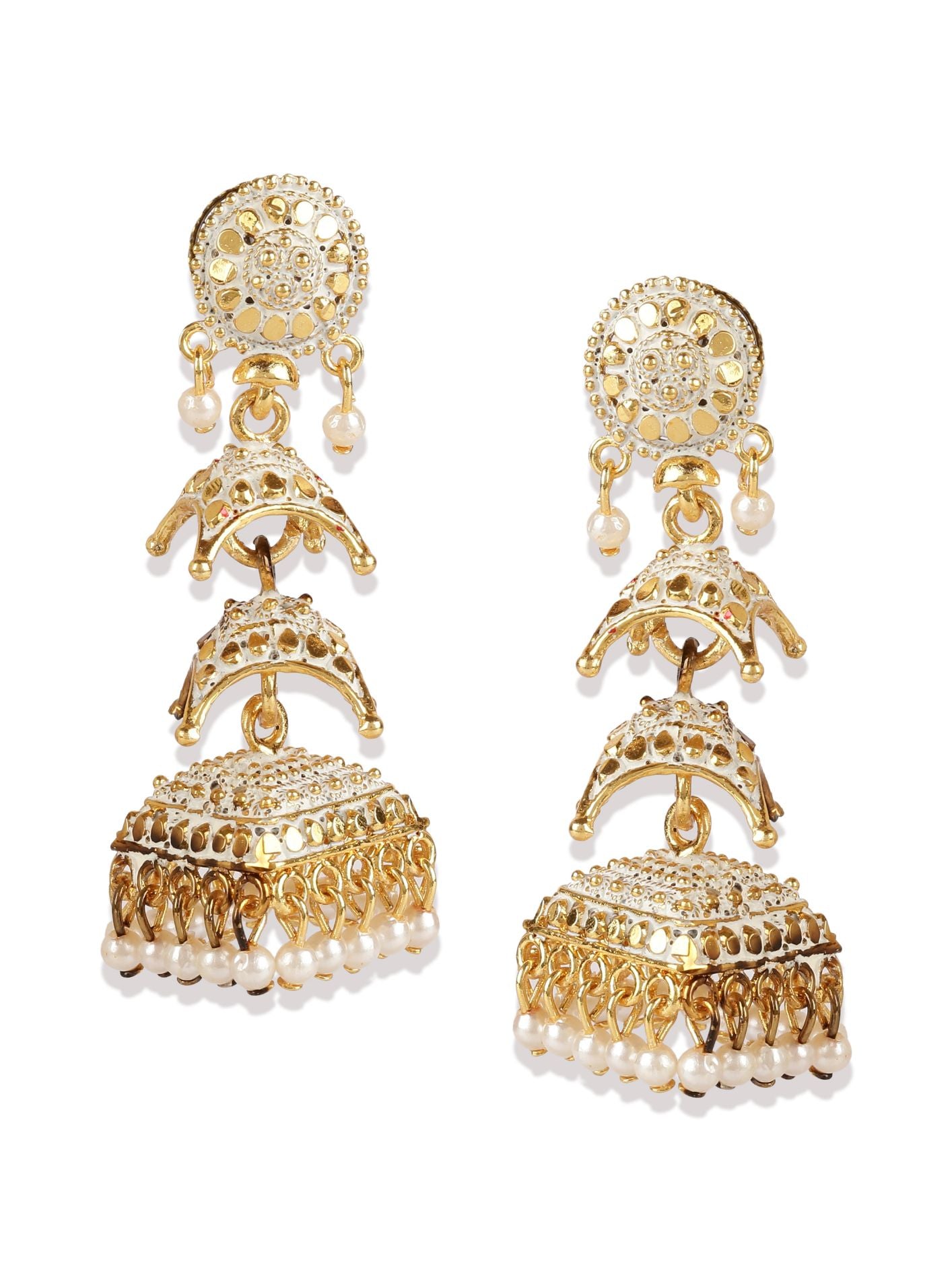 Women's Gold Plated & White Dome Shaped Enamelled Jhumkas - Anikas Creation