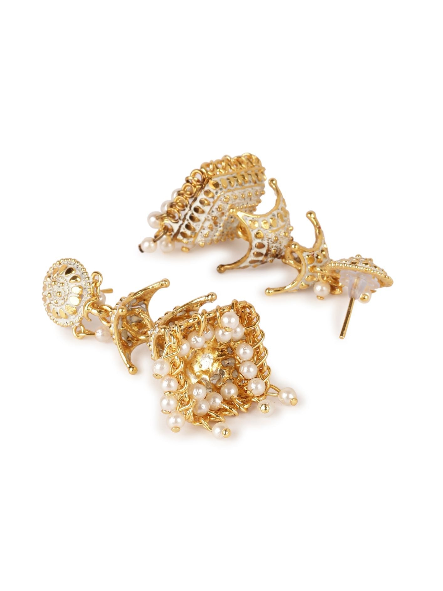Women's Gold Plated & White Dome Shaped Enamelled Jhumkas