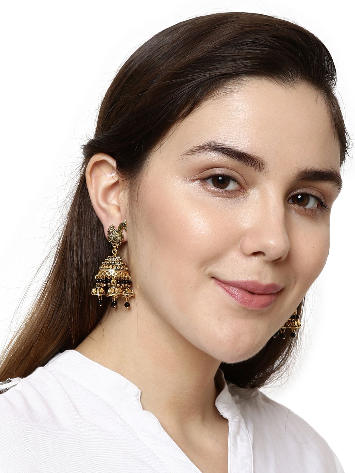 Women's Gold Plated & Black Enamelled Peacock Shaped Jhumkas