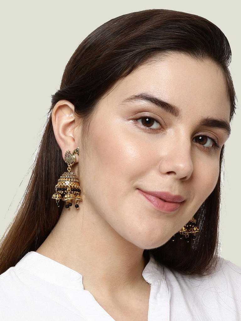 Women's Gold Plated & Black Enamelled Peacock Shaped Jhumkas