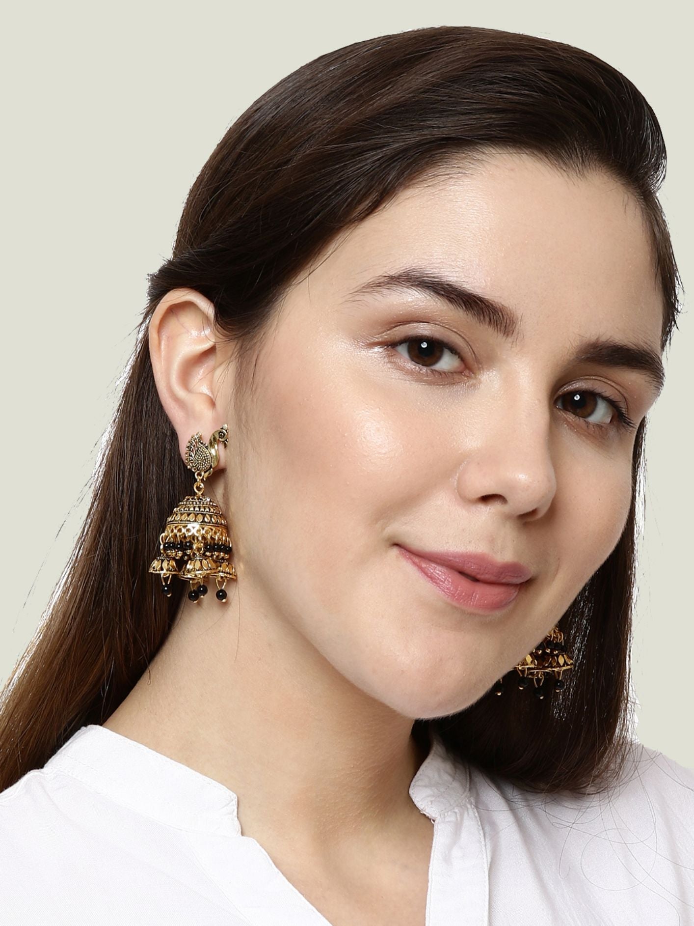 Women's Gold Plated & Black Enamelled Peacock Shaped Jhumkas