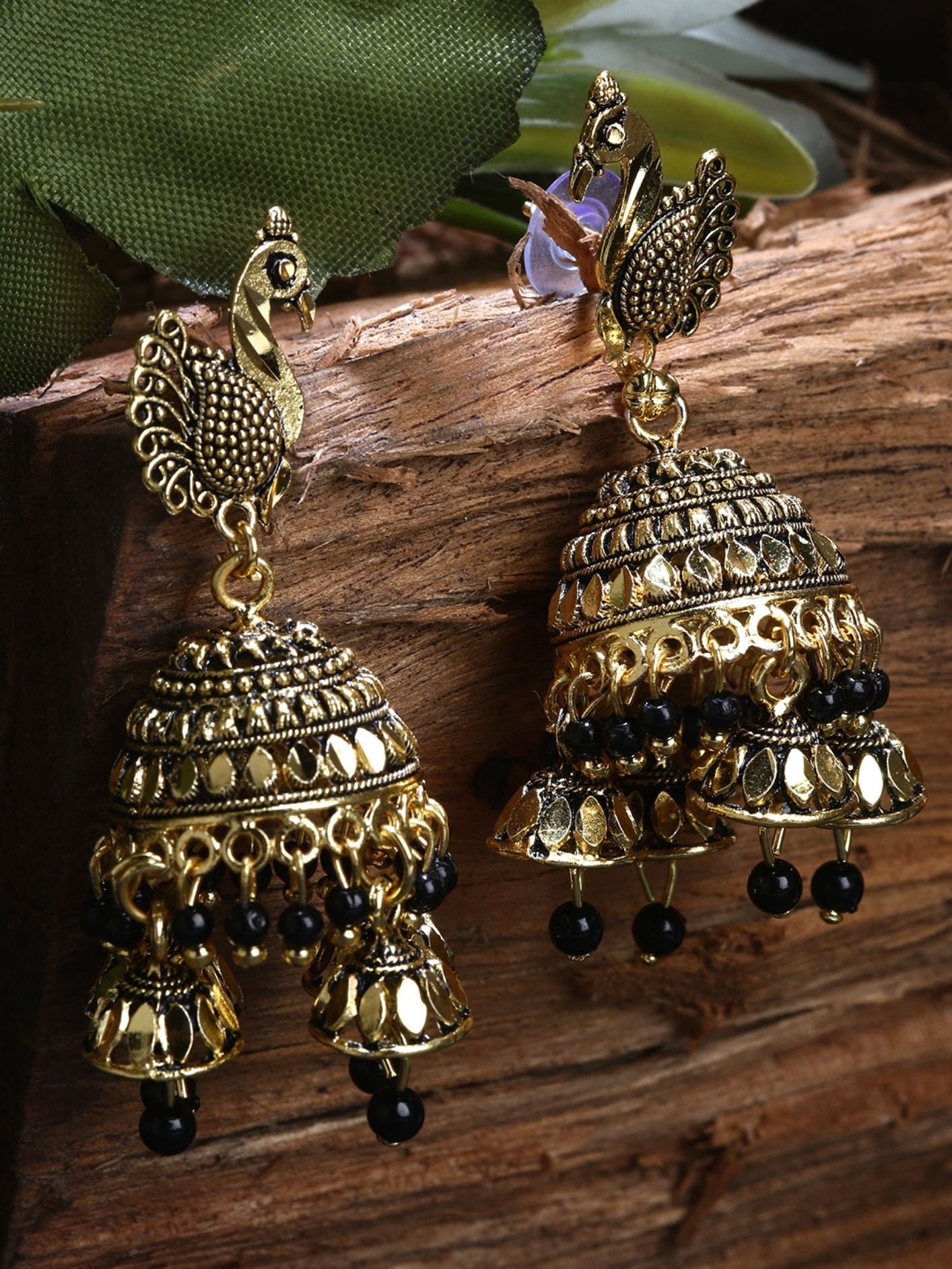 Women's Gold Plated & Black Enamelled Peacock Shaped Jhumkas