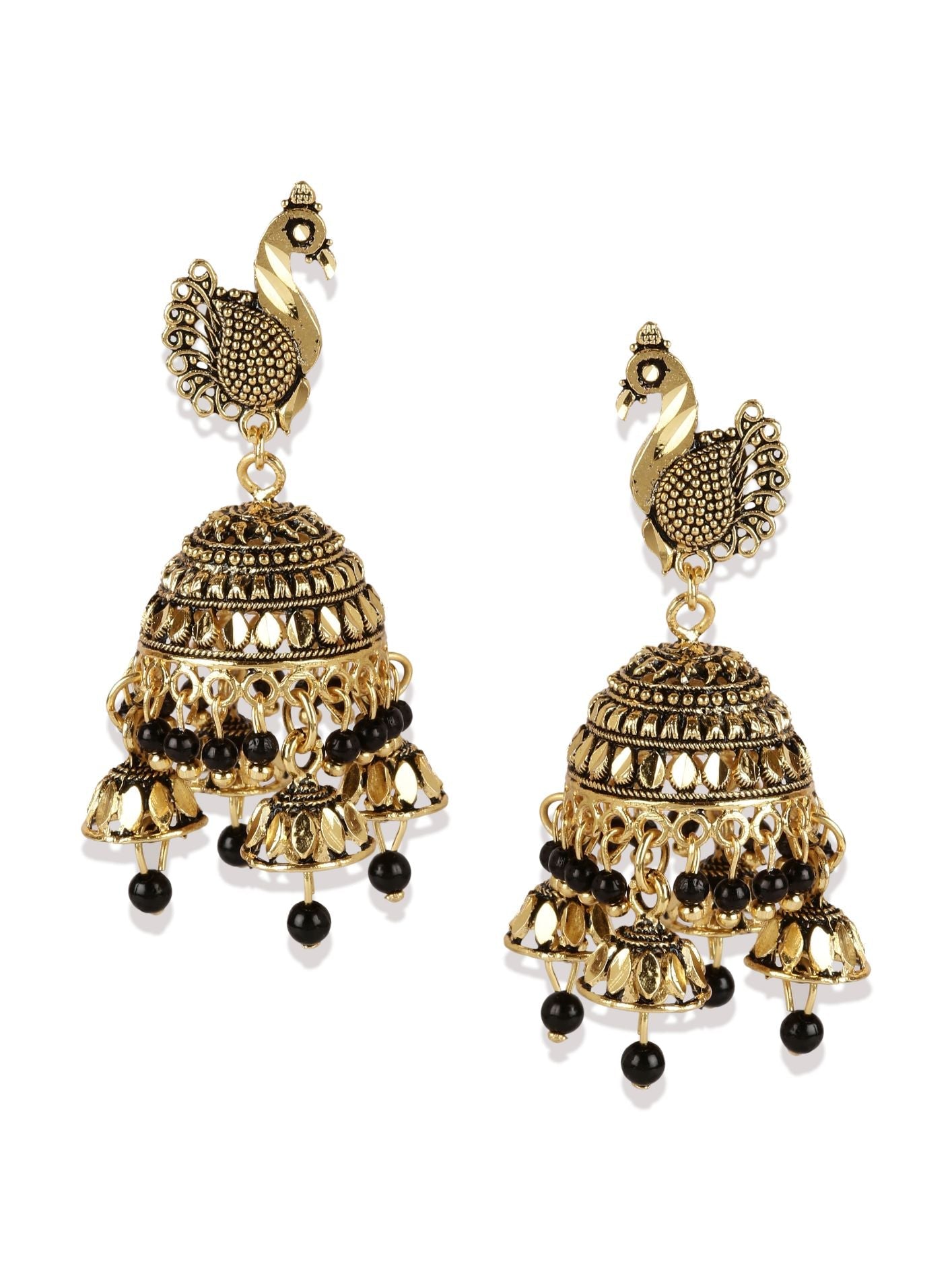 Women's Gold Plated & Black Enamelled Peacock Shaped Jhumkas