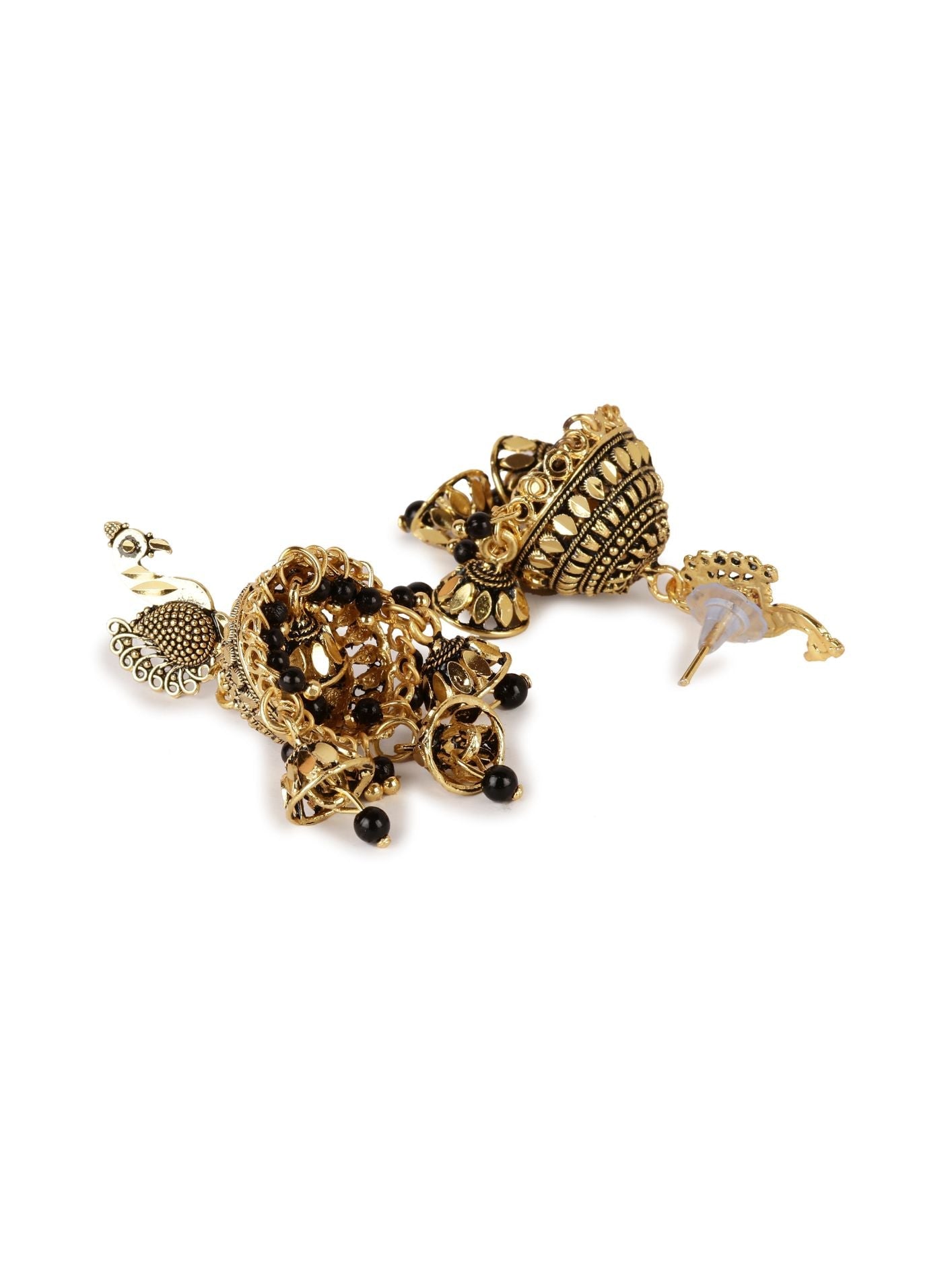 Women's Gold Plated & Black Enamelled Peacock Shaped Jhumkas