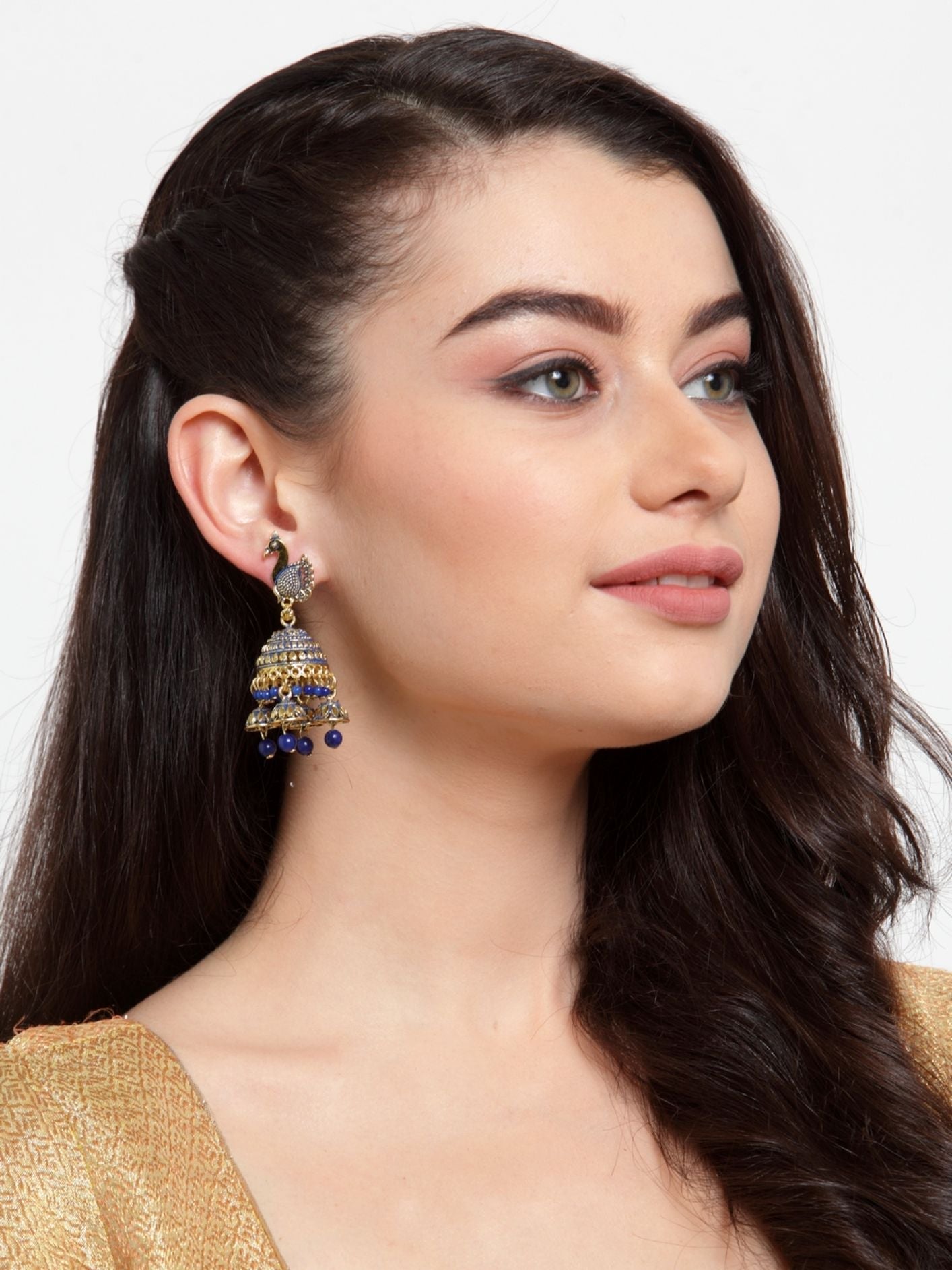 Women's Traditional Gold-Plated Enamelled Peacock With Small Jhumki Feathers-Onesize-Blue