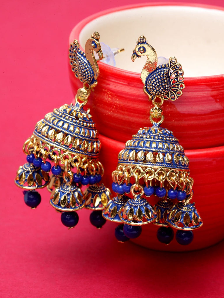 Women's Traditional Gold-Plated Enamelled Peacock With Small Jhumki Feathers-Onesize-Blue