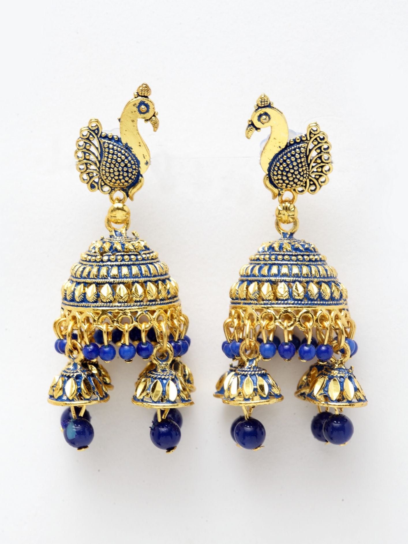 Women's Traditional Gold-Plated Enamelled Peacock With Small Jhumki Feathers-Onesize-Blue - Anikas Creation