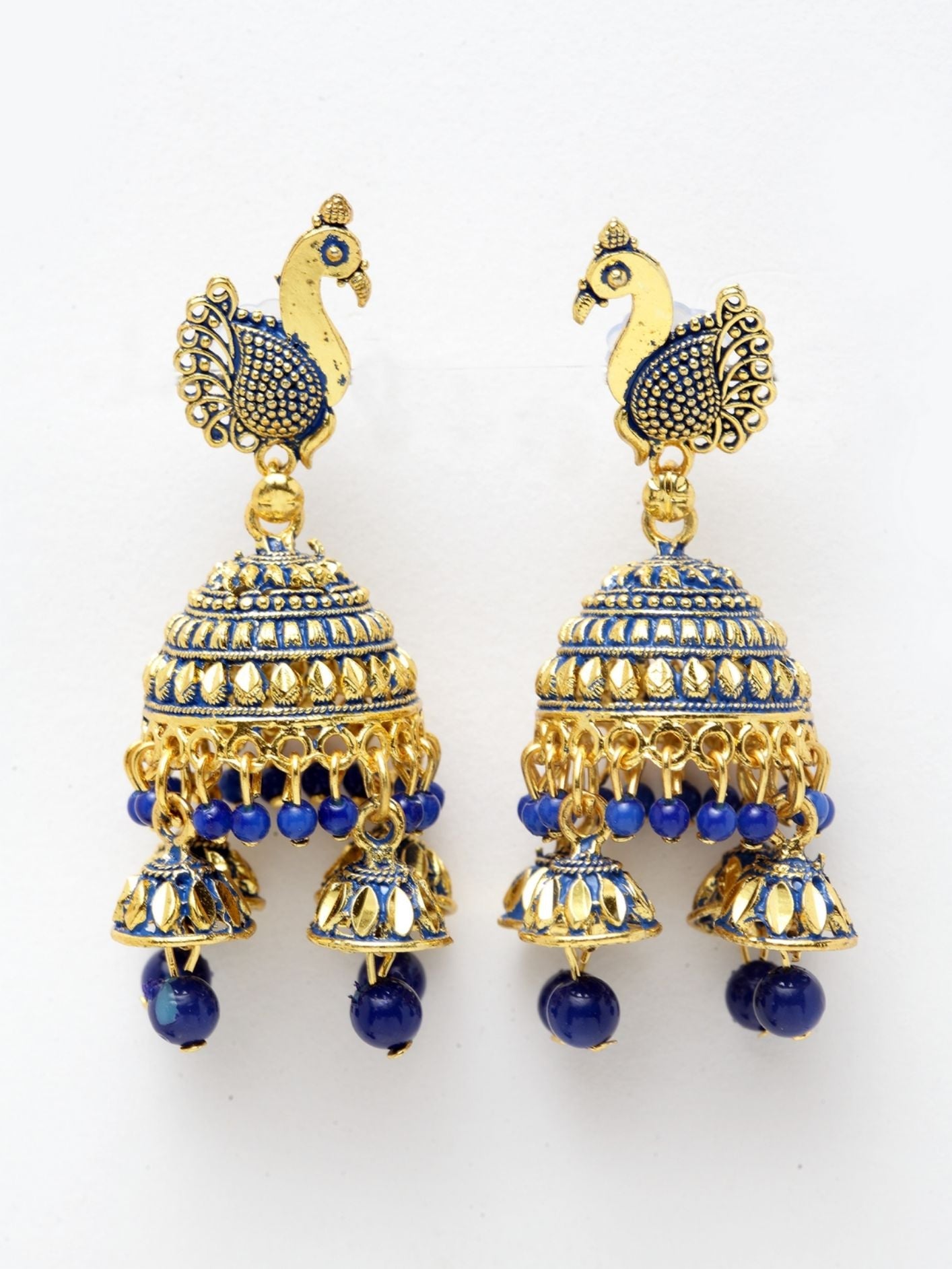 Women's Traditional Gold-Plated Enamelled Peacock With Small Jhumki Feathers-Onesize-Blue
