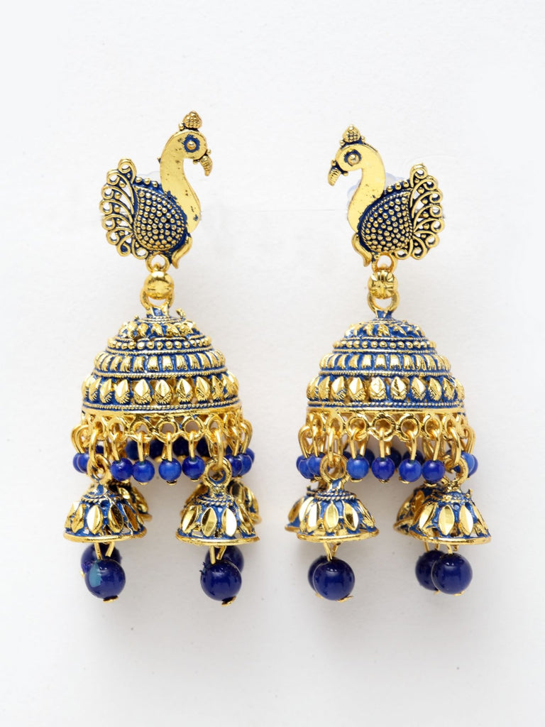 Women's Traditional Gold-Plated Enamelled Peacock With Small Jhumki Feathers-Onesize-Blue
