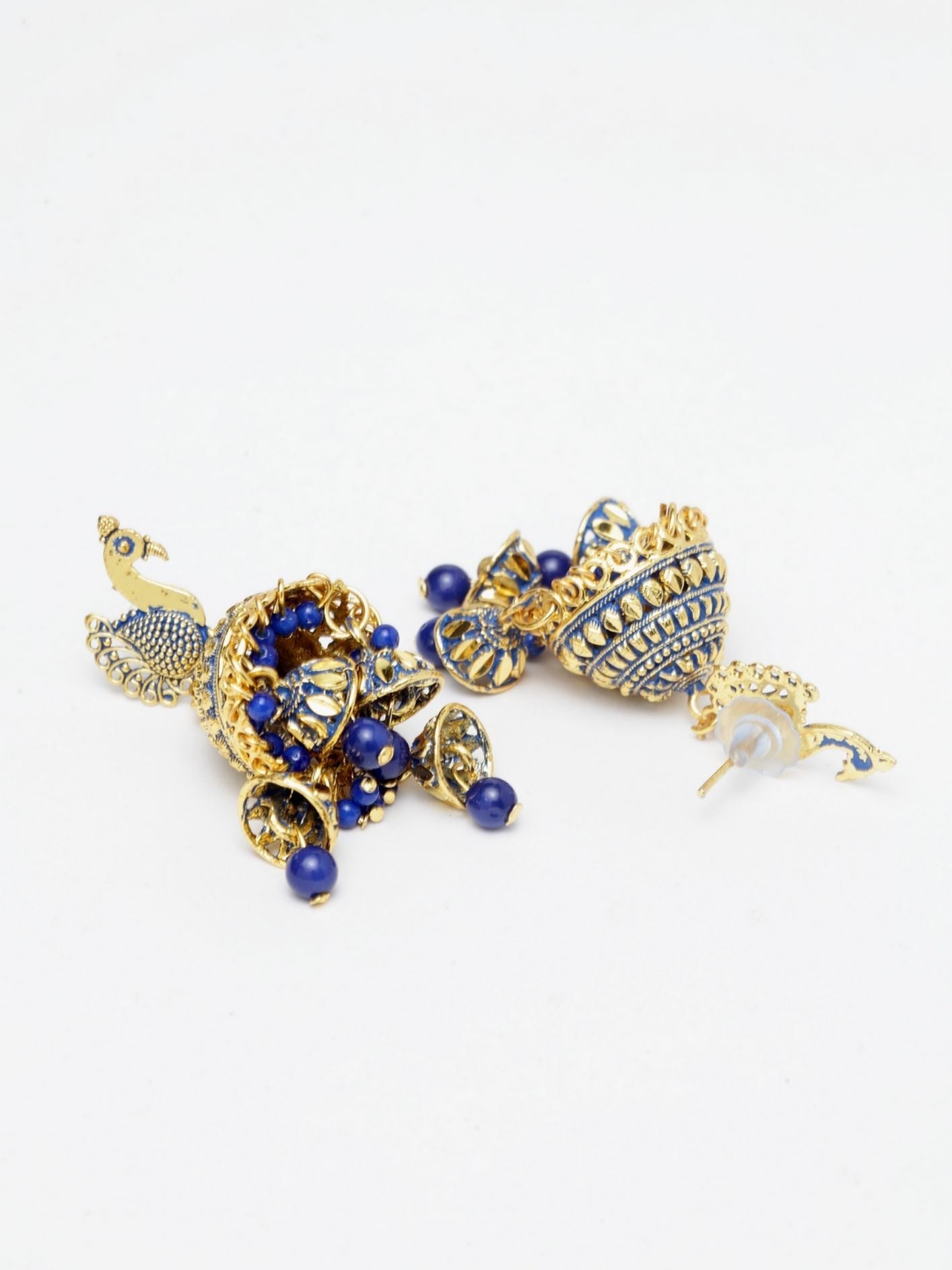 Women's Traditional Gold-Plated Enamelled Peacock With Small Jhumki Feathers-Onesize-Blue