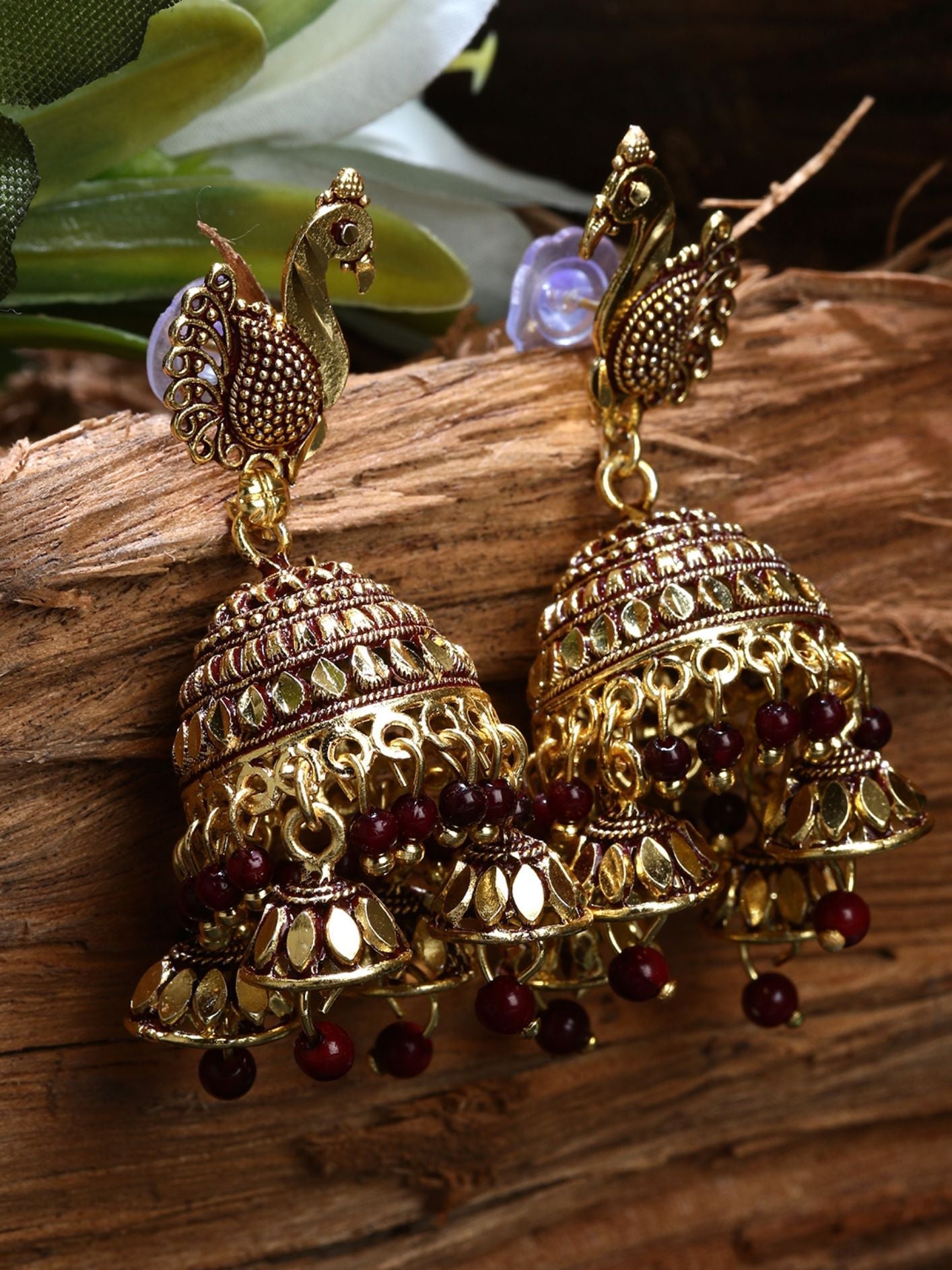 Women's Gold Plated & Maroon Enamelled Dome Shaped Jhumkas