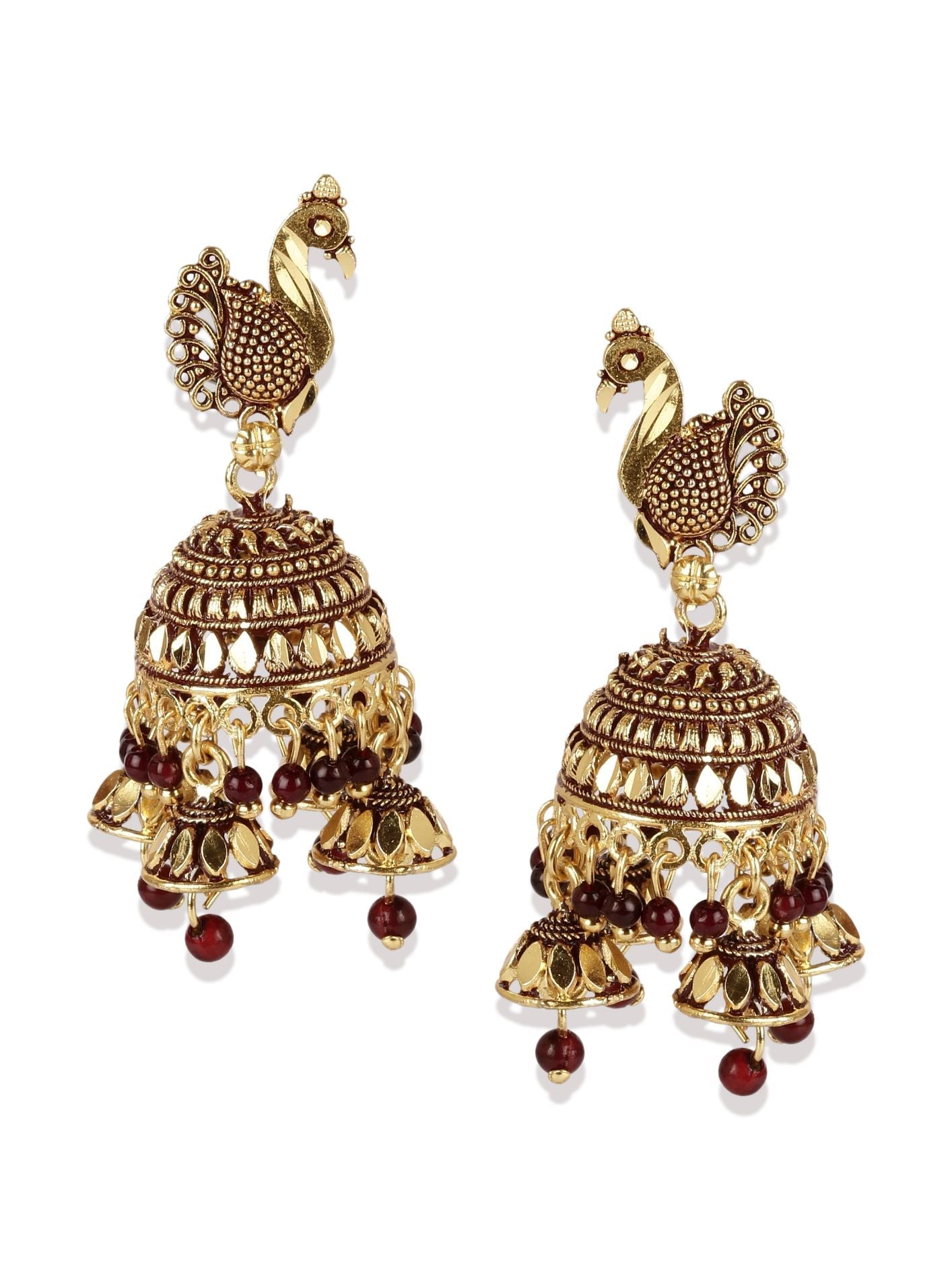 Women's Gold Plated & Maroon Enamelled Dome Shaped Jhumkas