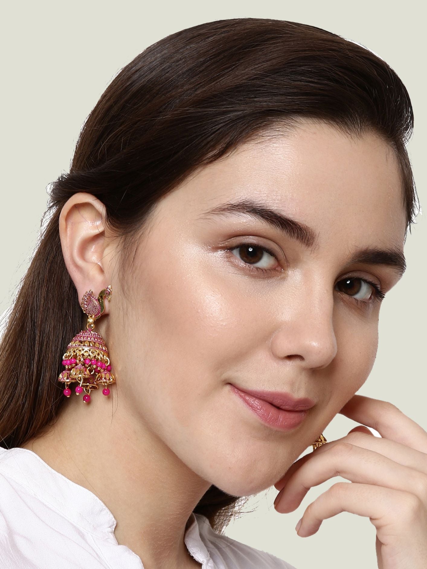 Women's Gold Plated & Pink Enamelled Dome Shaped Jhumkas