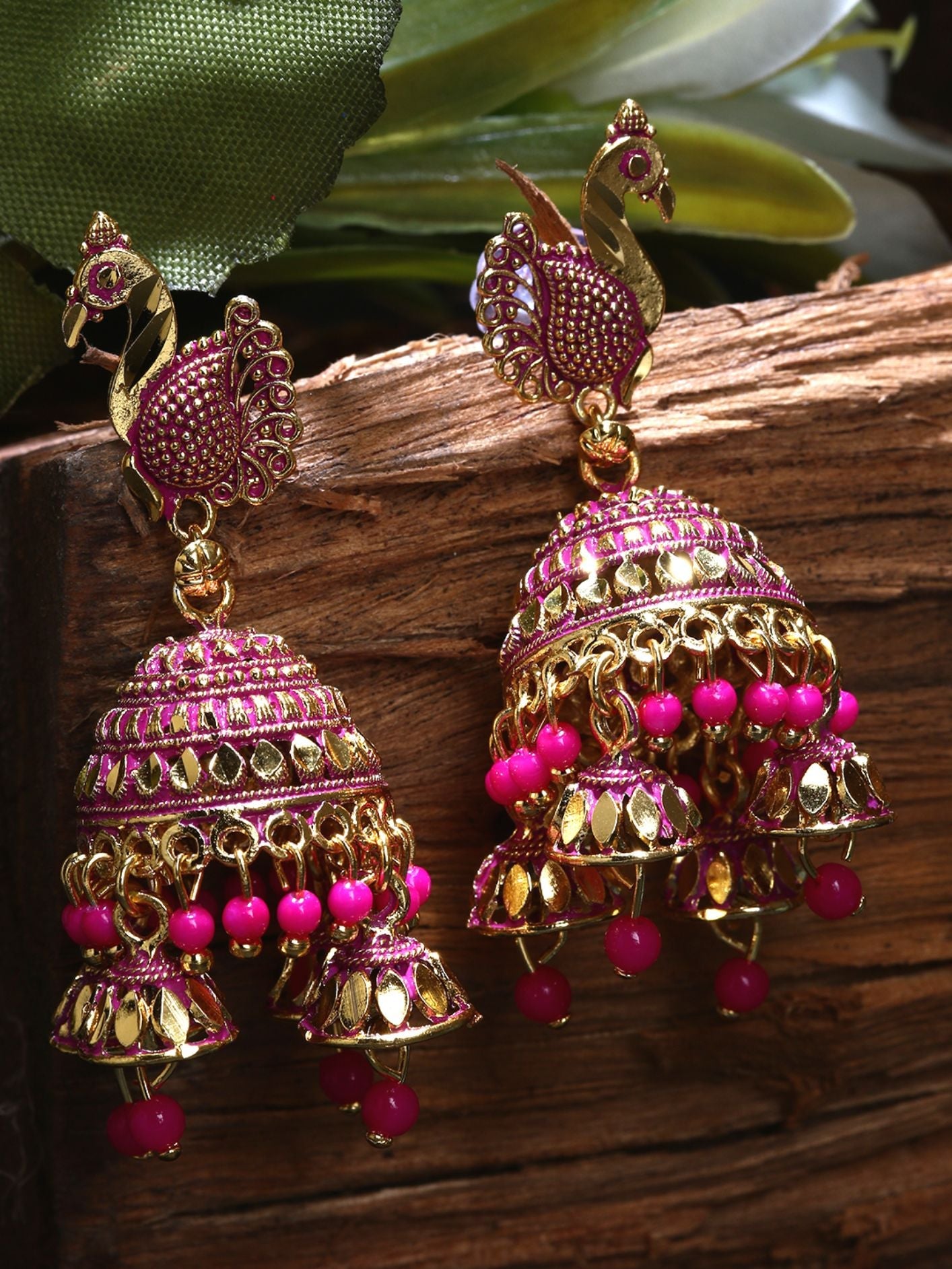 Women's Gold Plated & Pink Enamelled Dome Shaped Jhumkas