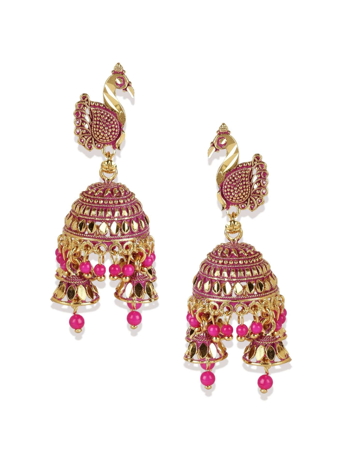 Women's Gold Plated & Pink Enamelled Dome Shaped Jhumkas