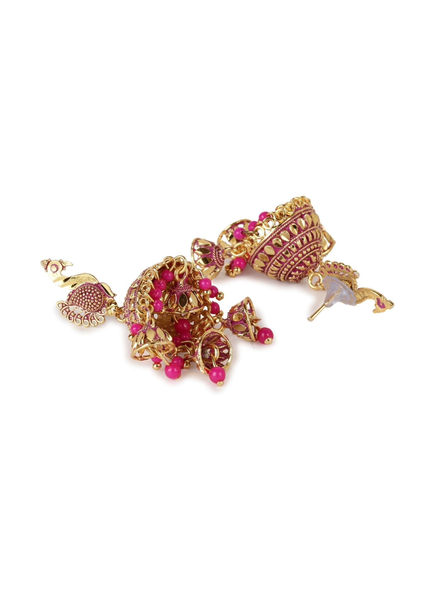 Women's Gold Plated & Pink Enamelled Dome Shaped Jhumkas