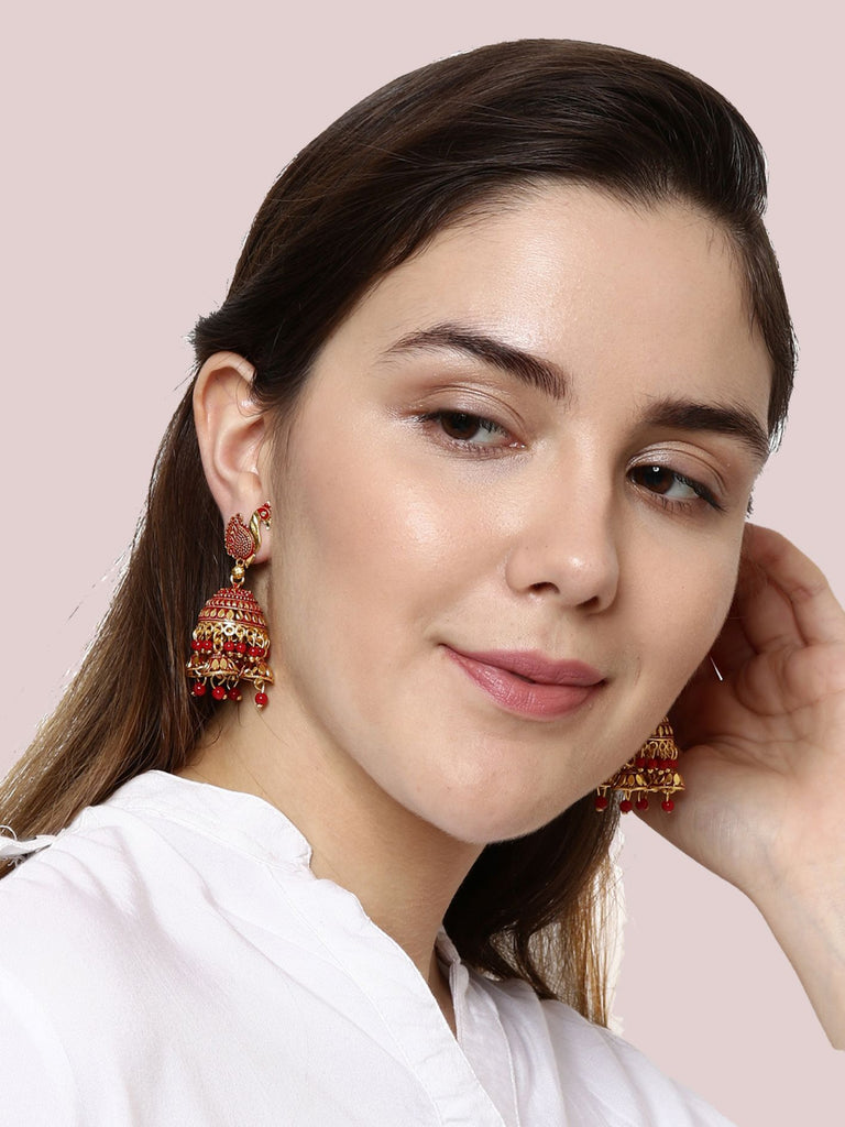 Women's Gold Plated & Red Enamelled Peacock Shaped Jhumkas