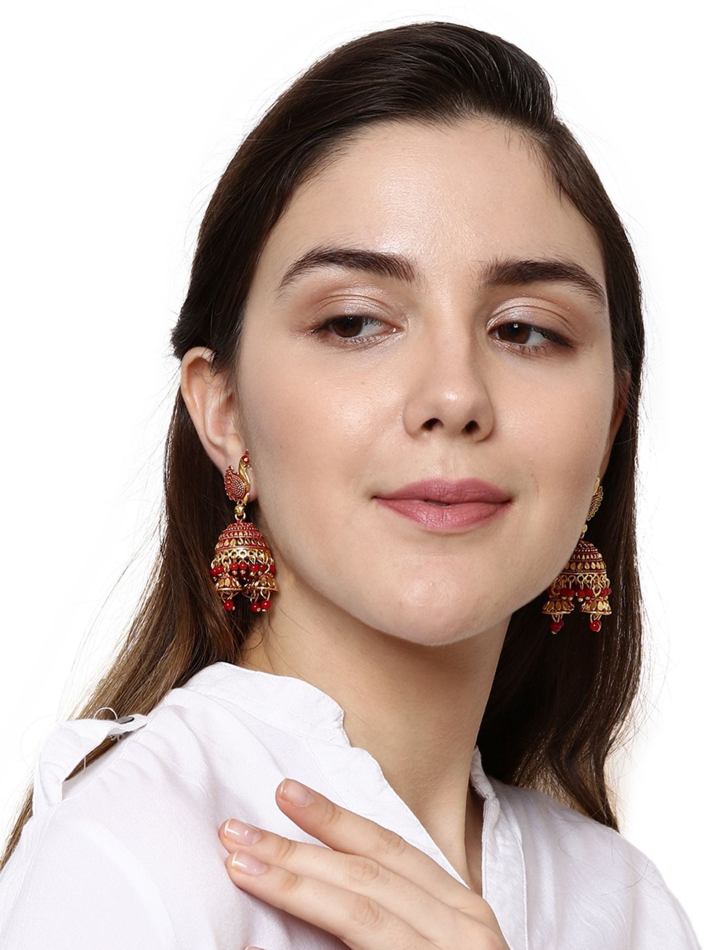 Women's Gold Plated & Red Enamelled Peacock Shaped Jhumkas - Anikas Creation