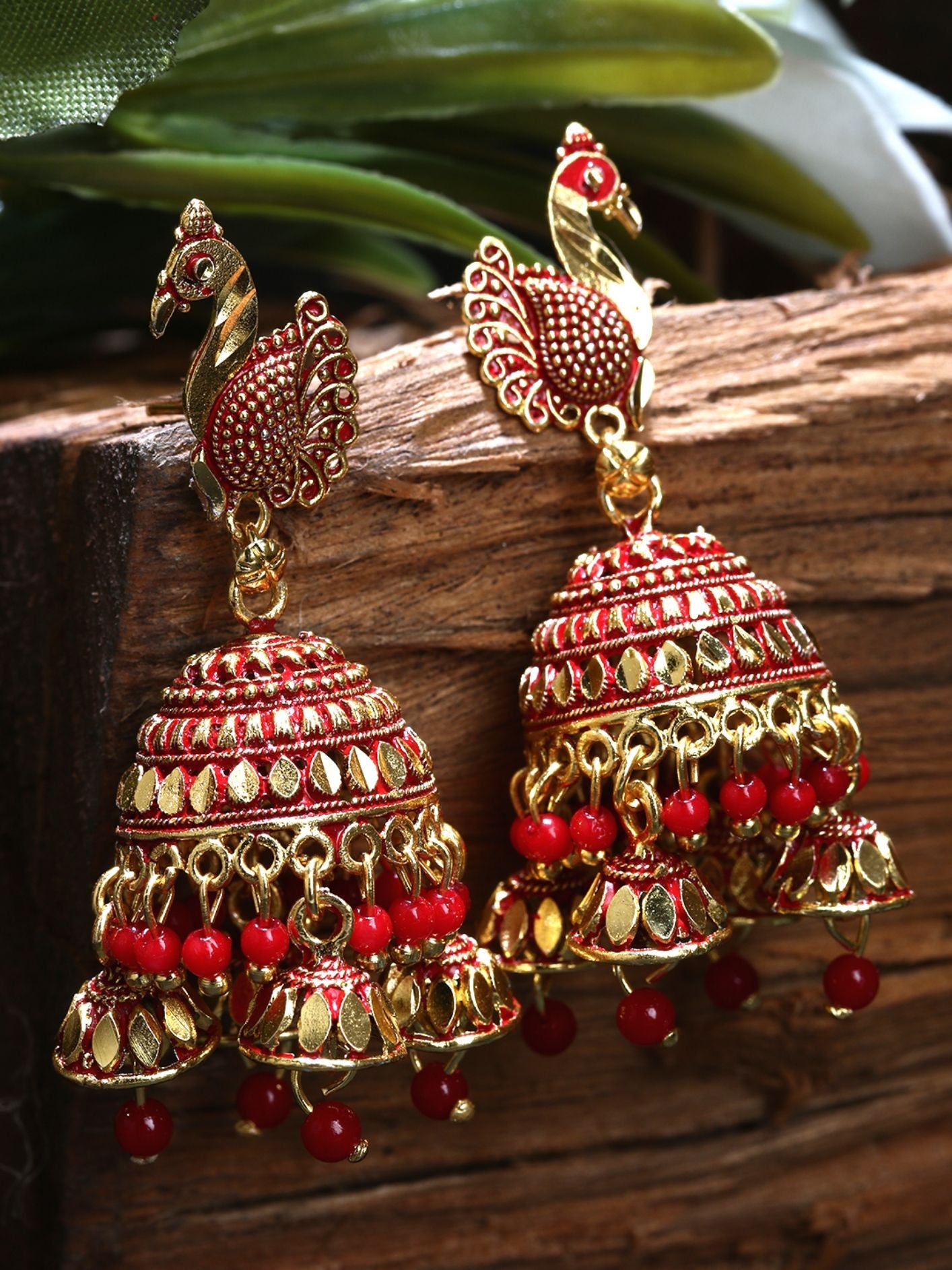 Women's Gold Plated & Red Enamelled Peacock Shaped Jhumkas