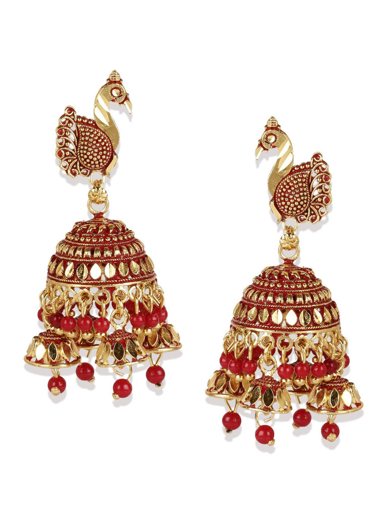 Women's Gold Plated & Red Enamelled Peacock Shaped Jhumkas