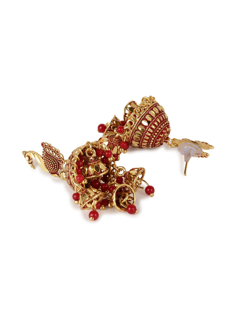 Women's Gold Plated & Red Enamelled Peacock Shaped Jhumkas