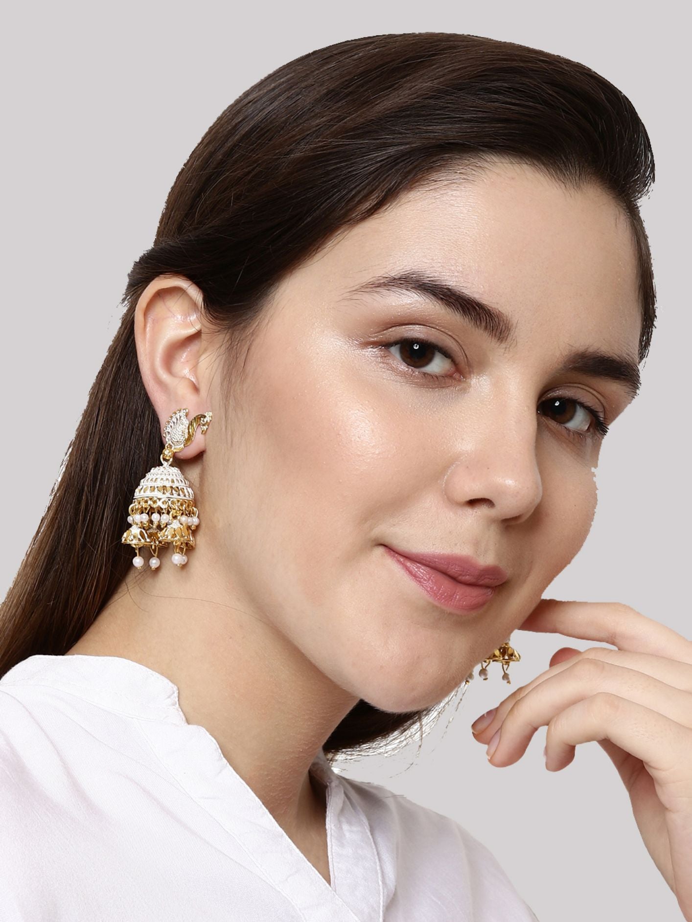 Women's Gold Plated White Peacock Shaped Enamelled Jhumkas
