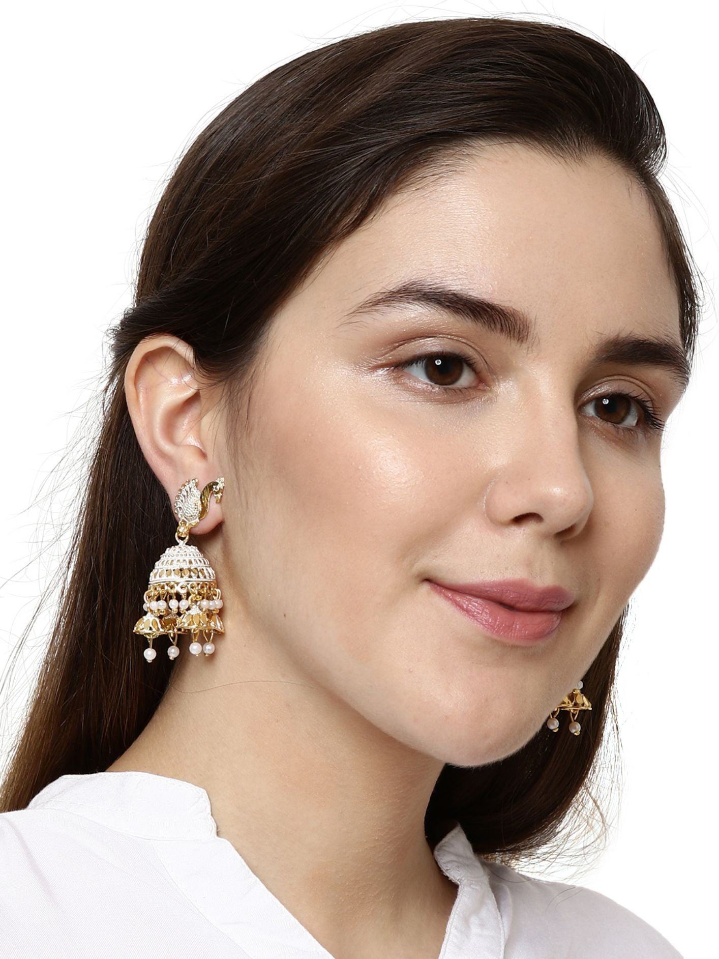 Women's Gold Plated White Peacock Shaped Enamelled Jhumkas