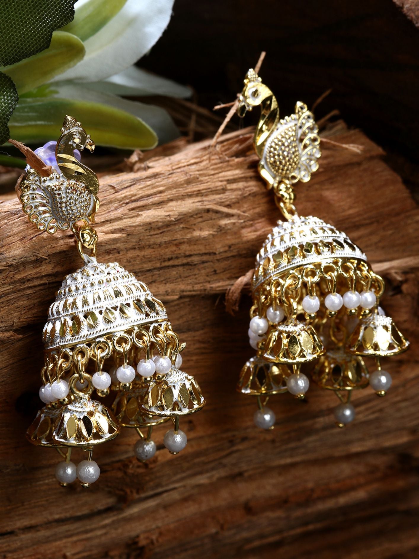 Women's Gold Plated White Peacock Shaped Enamelled Jhumkas - Anikas Creation