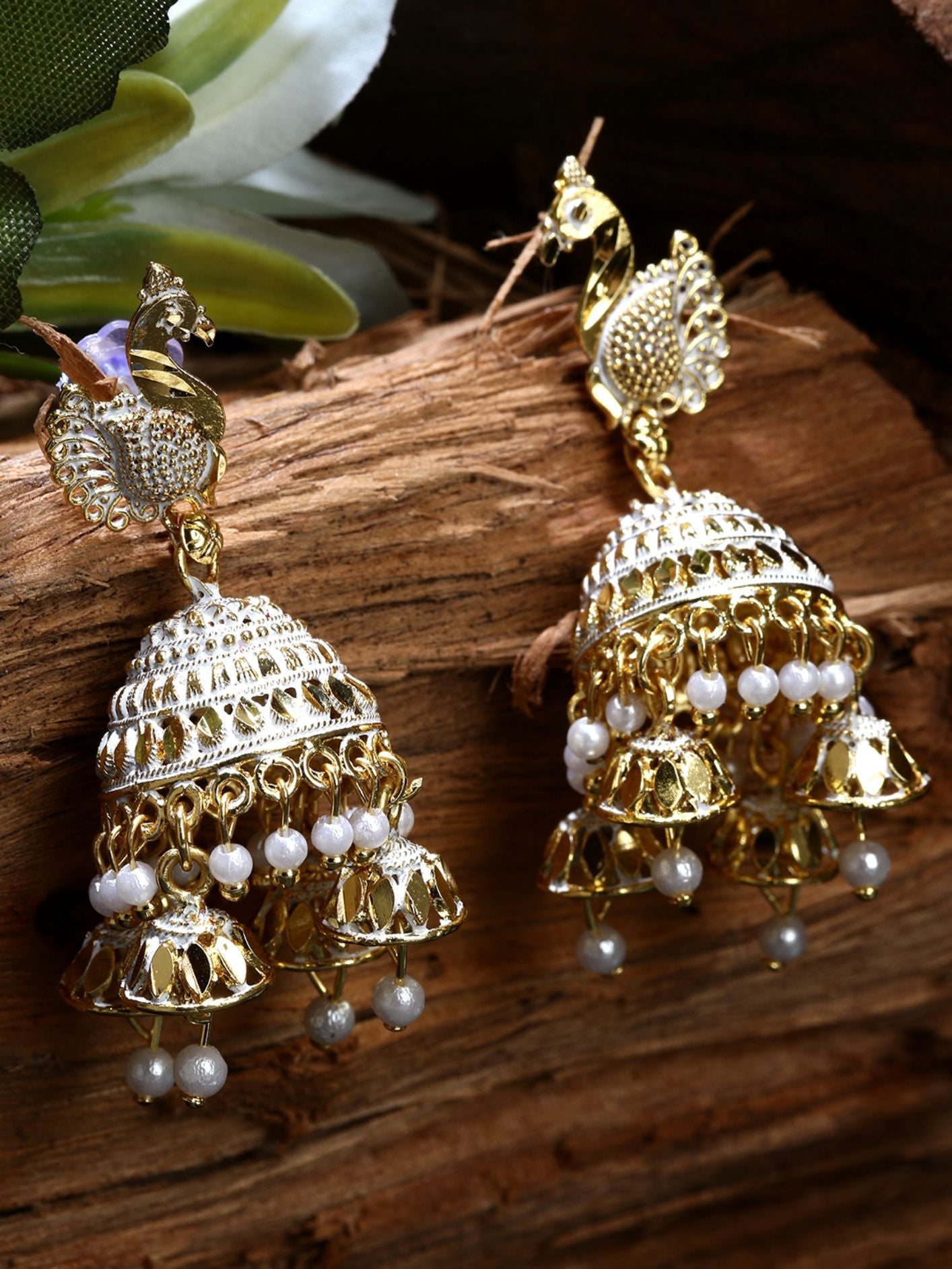 Women's Gold Plated White Peacock Shaped Enamelled Jhumkas