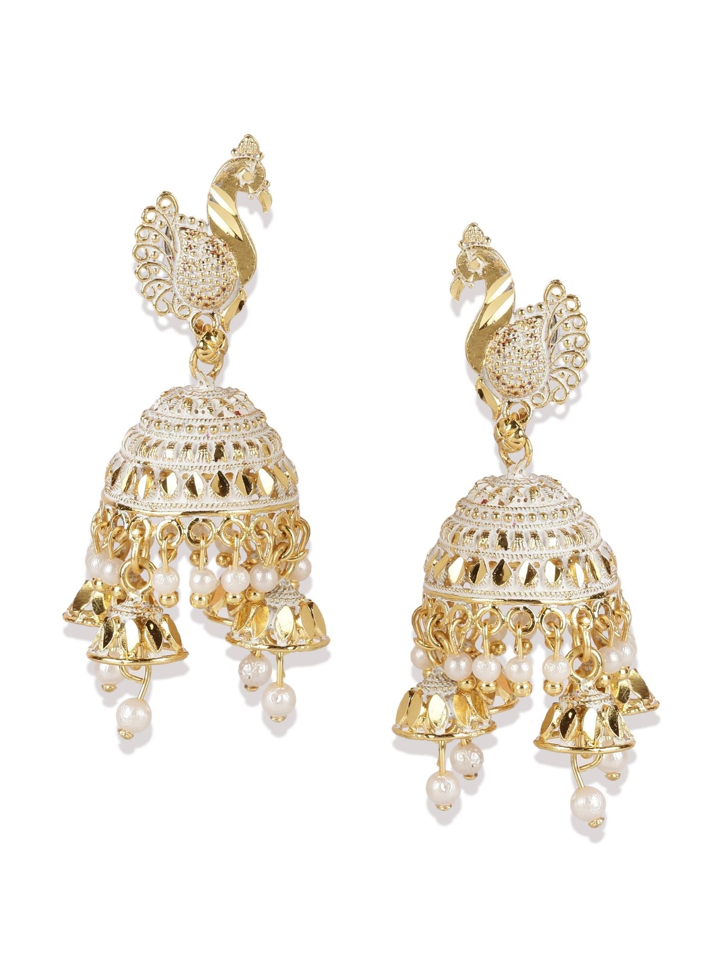 Women's Gold Plated White Peacock Shaped Enamelled Jhumkas
